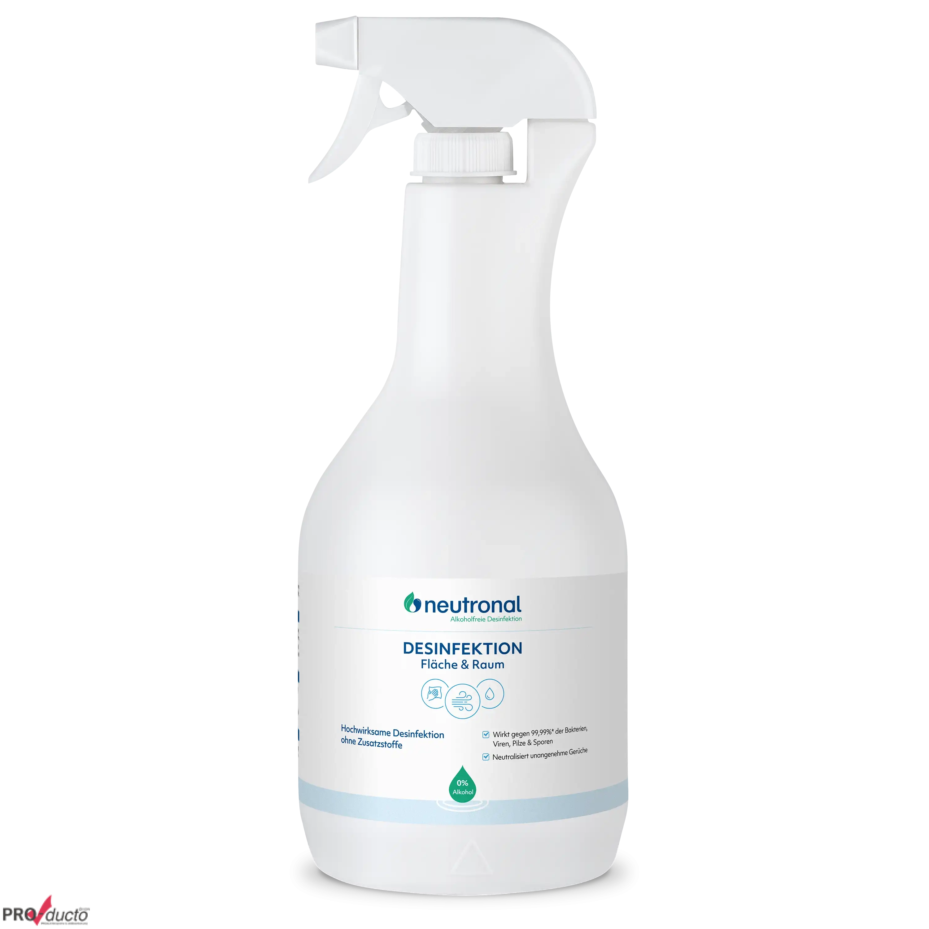 Weiße Sprühflasche von neutronal für professionelle Produktfotografie durch die PRO-ducto GmbH vor neutralem Hintergrund.