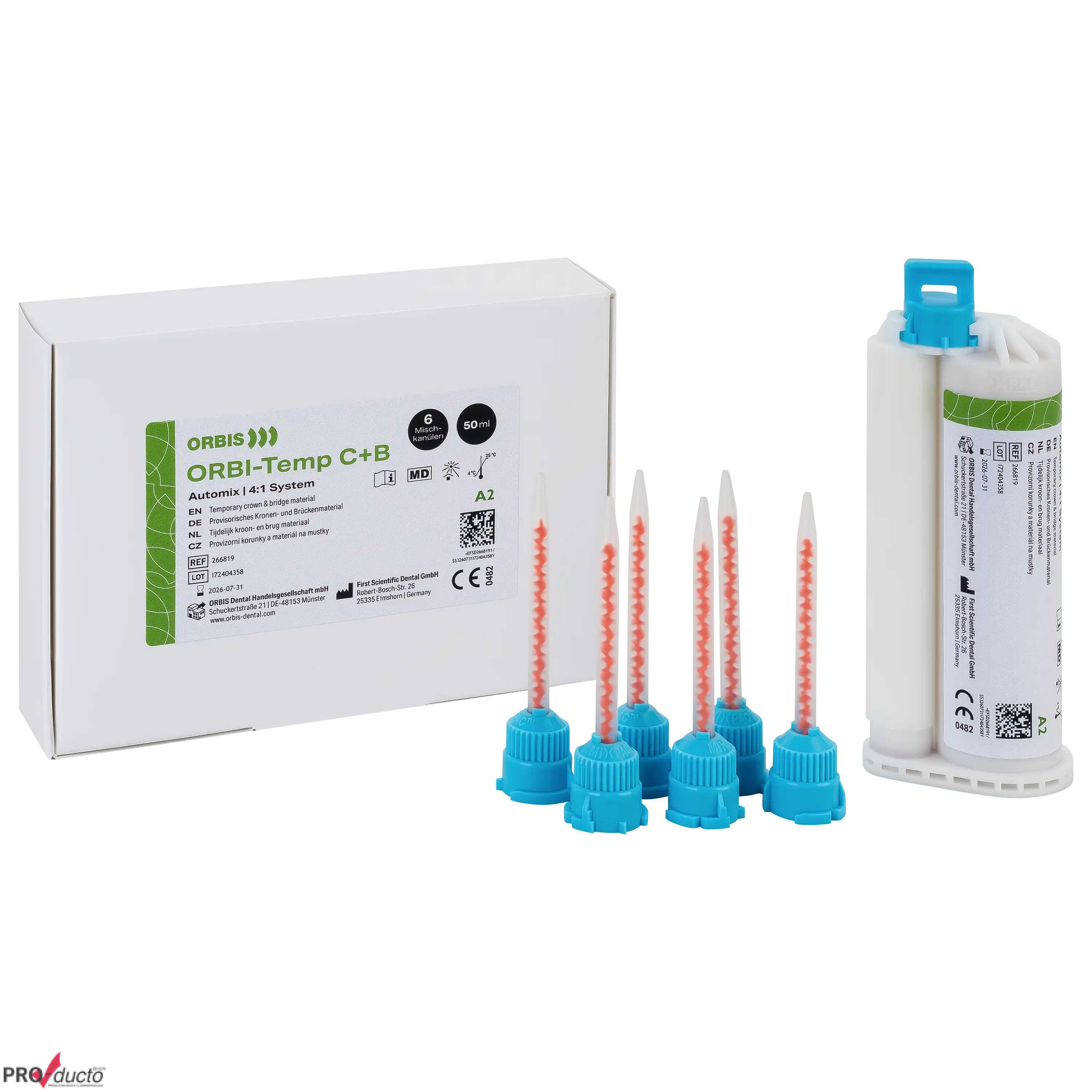 Professionelle Produktfotos von ORBI-Temp C+B Dentalmaterial mit Kartusche, Mischkanülen und Verpackung.