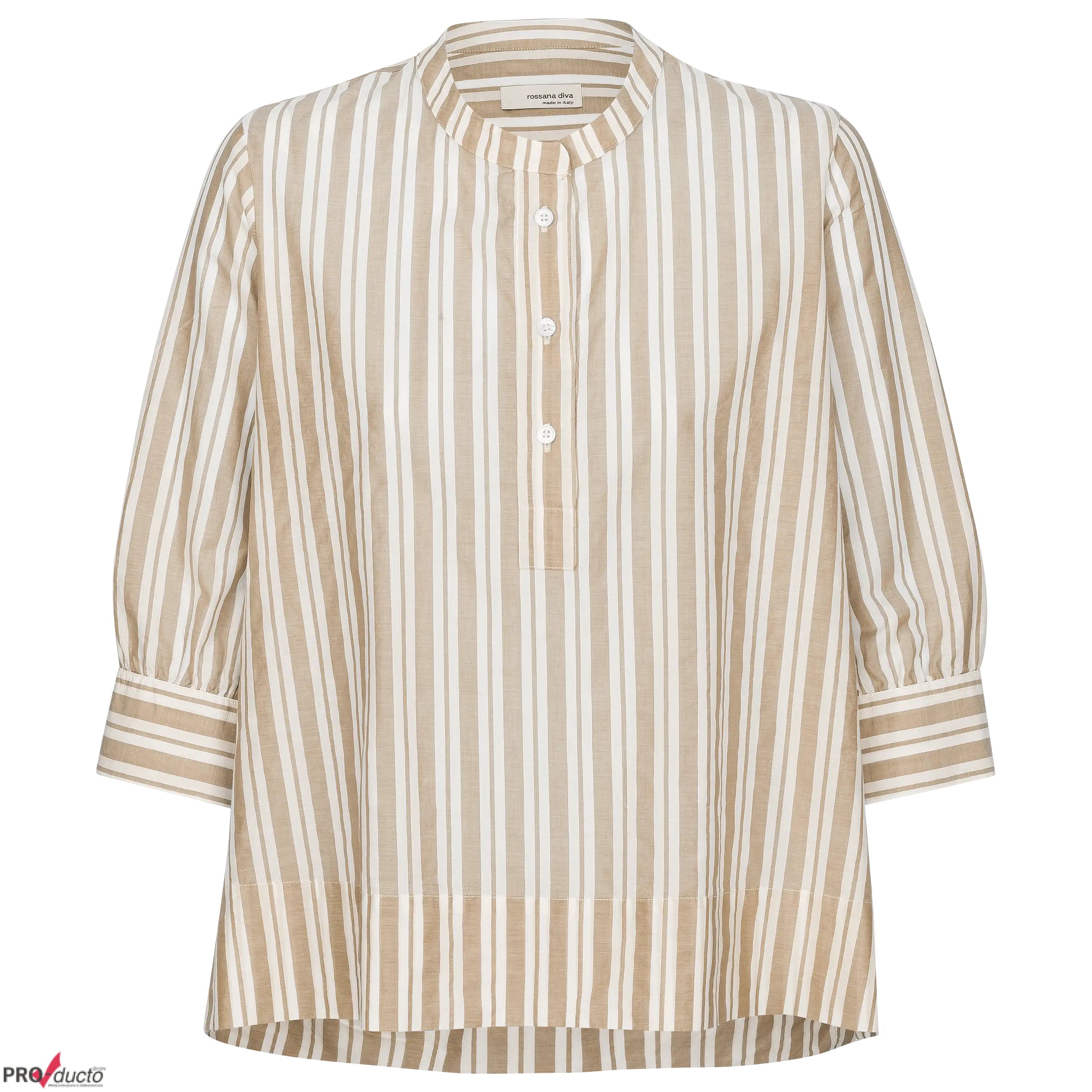 Professionelle Produktfotografie als Freisteller: Beige-weiß gestreifte Bluse mit Stehkragen für mehr Sichtbarkeit und Umsatz durch Hollowman Fotografie. PRO-ducto GmbH