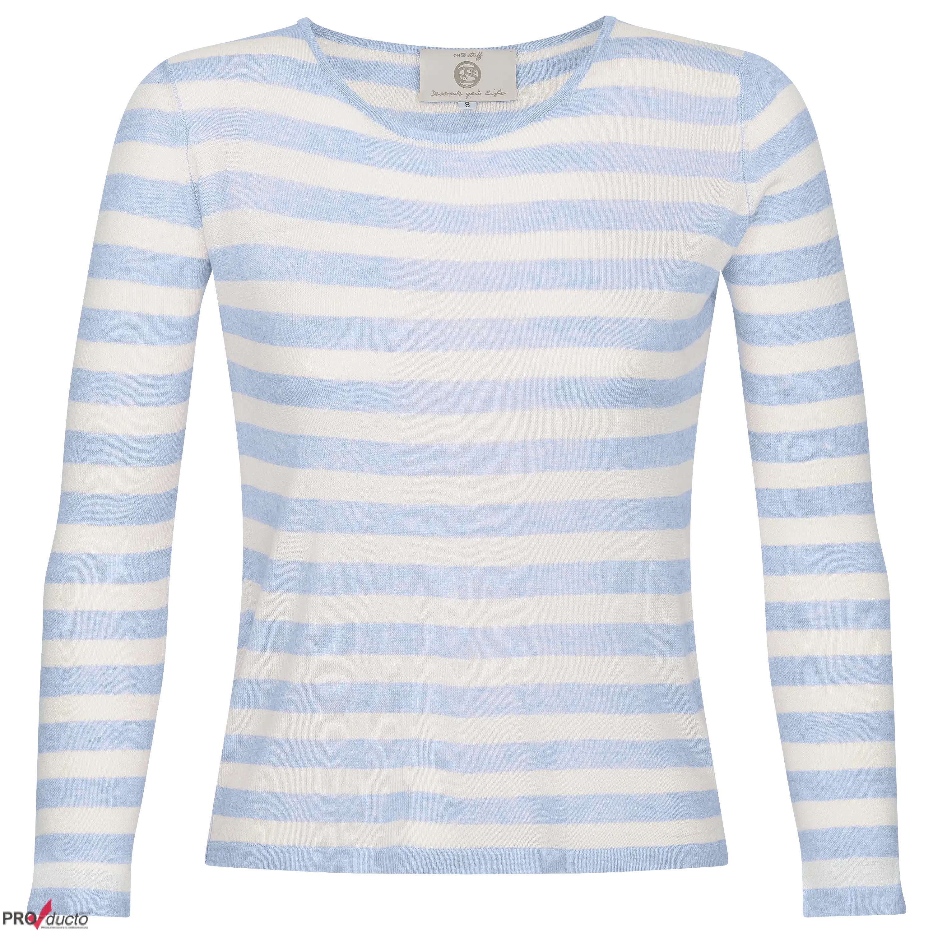 Professionelle Produktfotografie eines langärmeligen Damen-Shirts mit blau-weißem Streifenmuster auf schwarzem Grund.