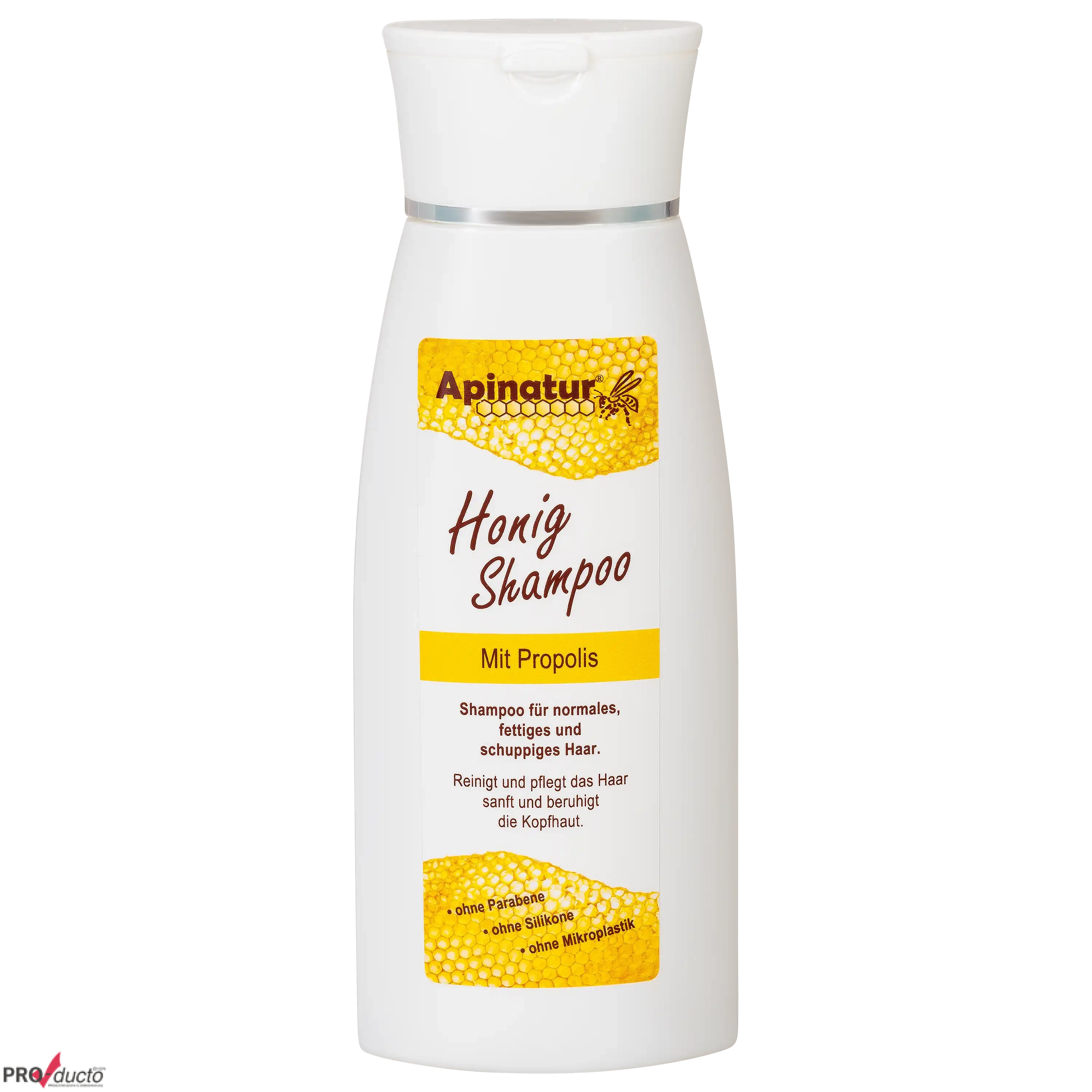 Weiße Flasche Apinatur Honig Shampoo mit Propolis für professionelle Produktfotos von der PRO-ducto GmbH.