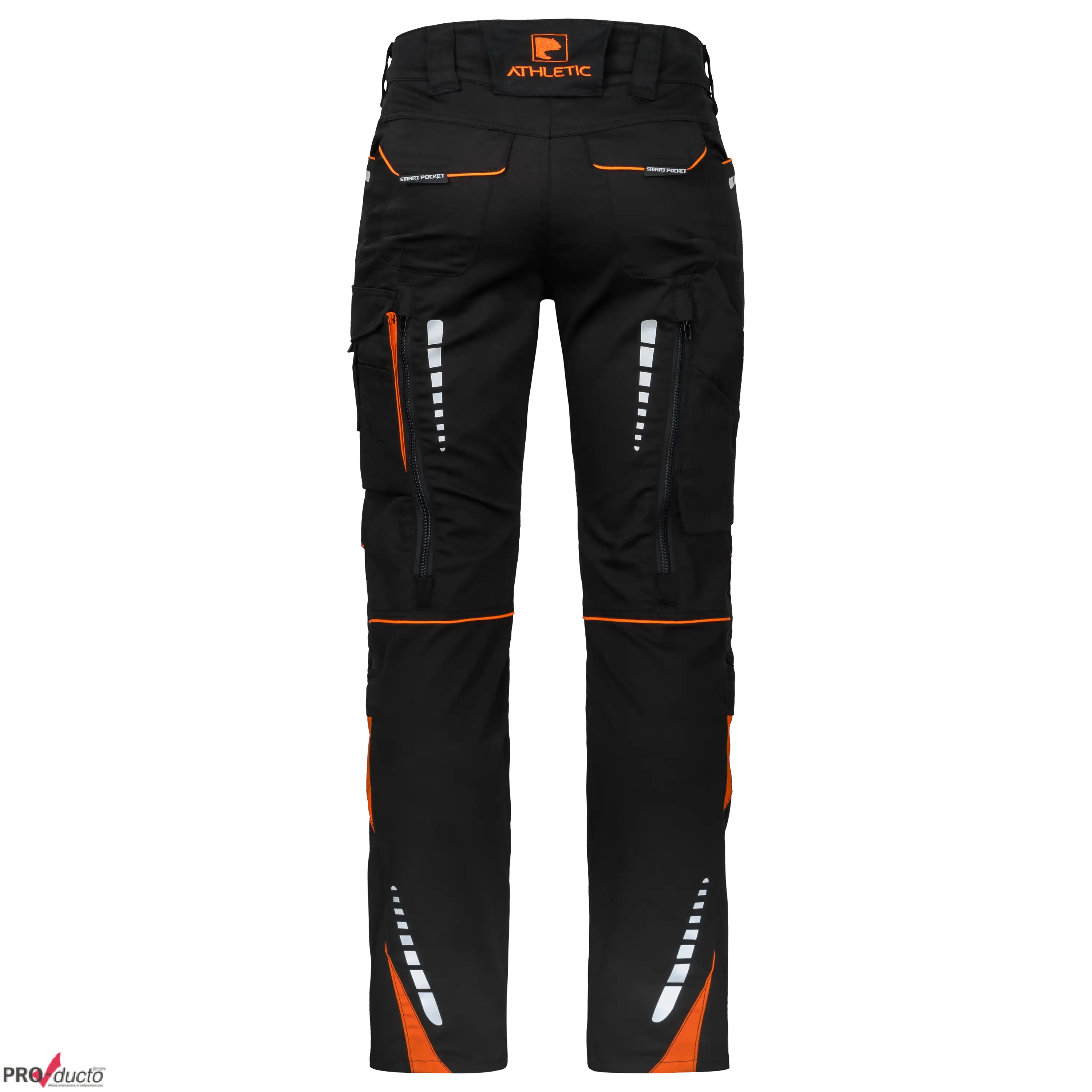 PRO-ducto GmbH Professionelle Produktfotografie als Freisteller: Schwarze Arbeitshose mit orangefarbenen Details und Reflektoren für mehr Sichtbarkeit im Einsatz. Produktfotografie