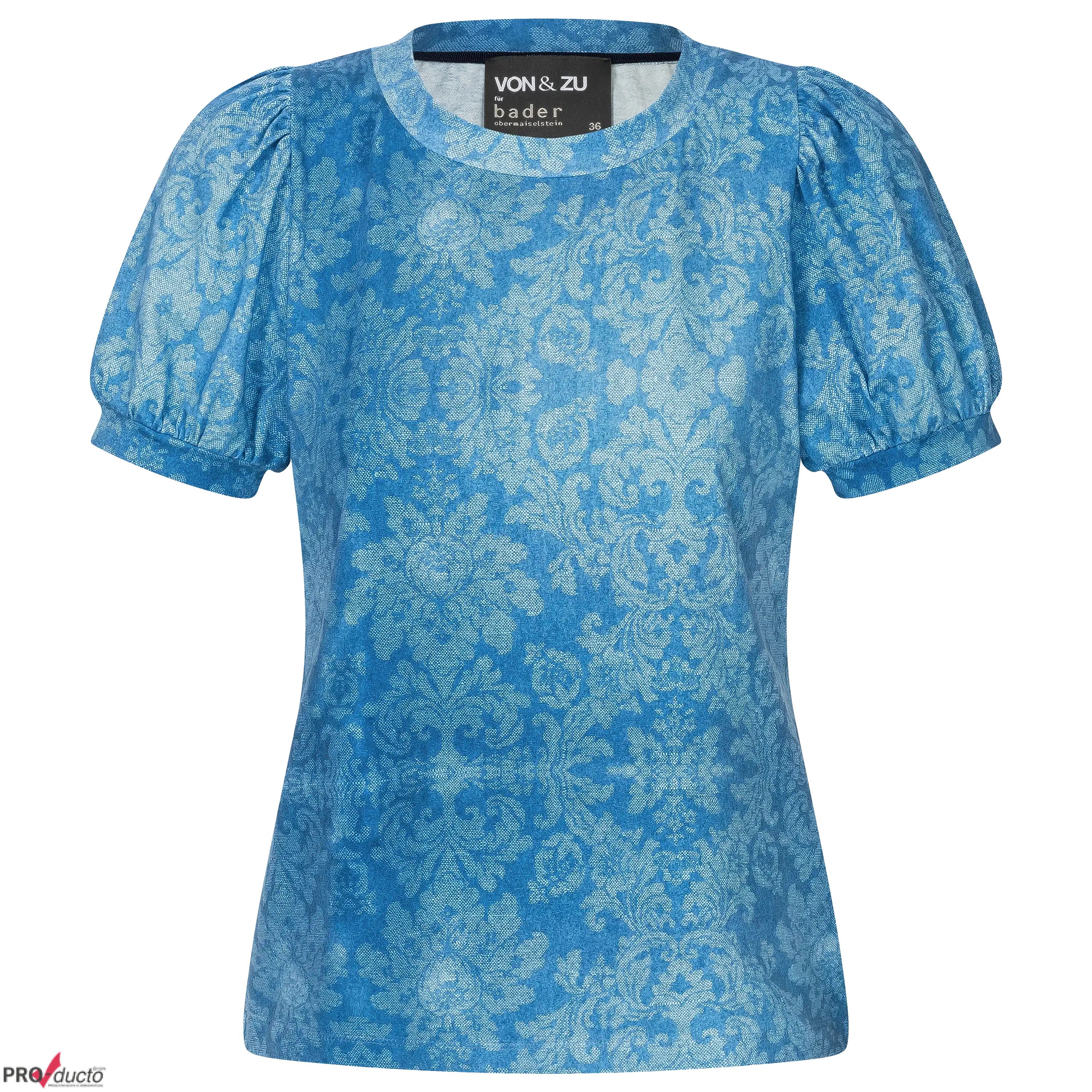 Professioneller Freisteller: Blaues VON & ZU T-Shirt mit Puffärmeln und Barockmuster. Hochwertige Produktfotografie für mehr Sichtbarkeit und Umsatz. PRO-ducto GmbH