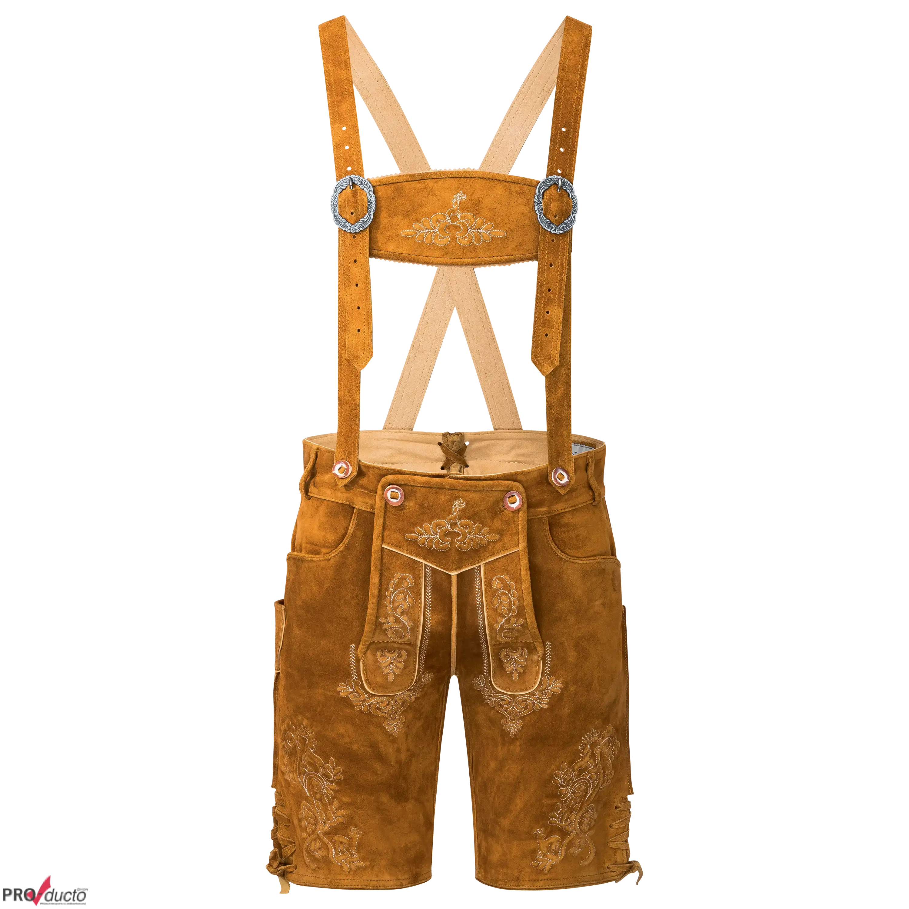 Professioneller Freisteller einer braunen Lederhose mit Stickerei. Produktfotografie für mehr Sichtbarkeit durch hochwertige Hollowman Fotografie. PRO-ducto GmbH
