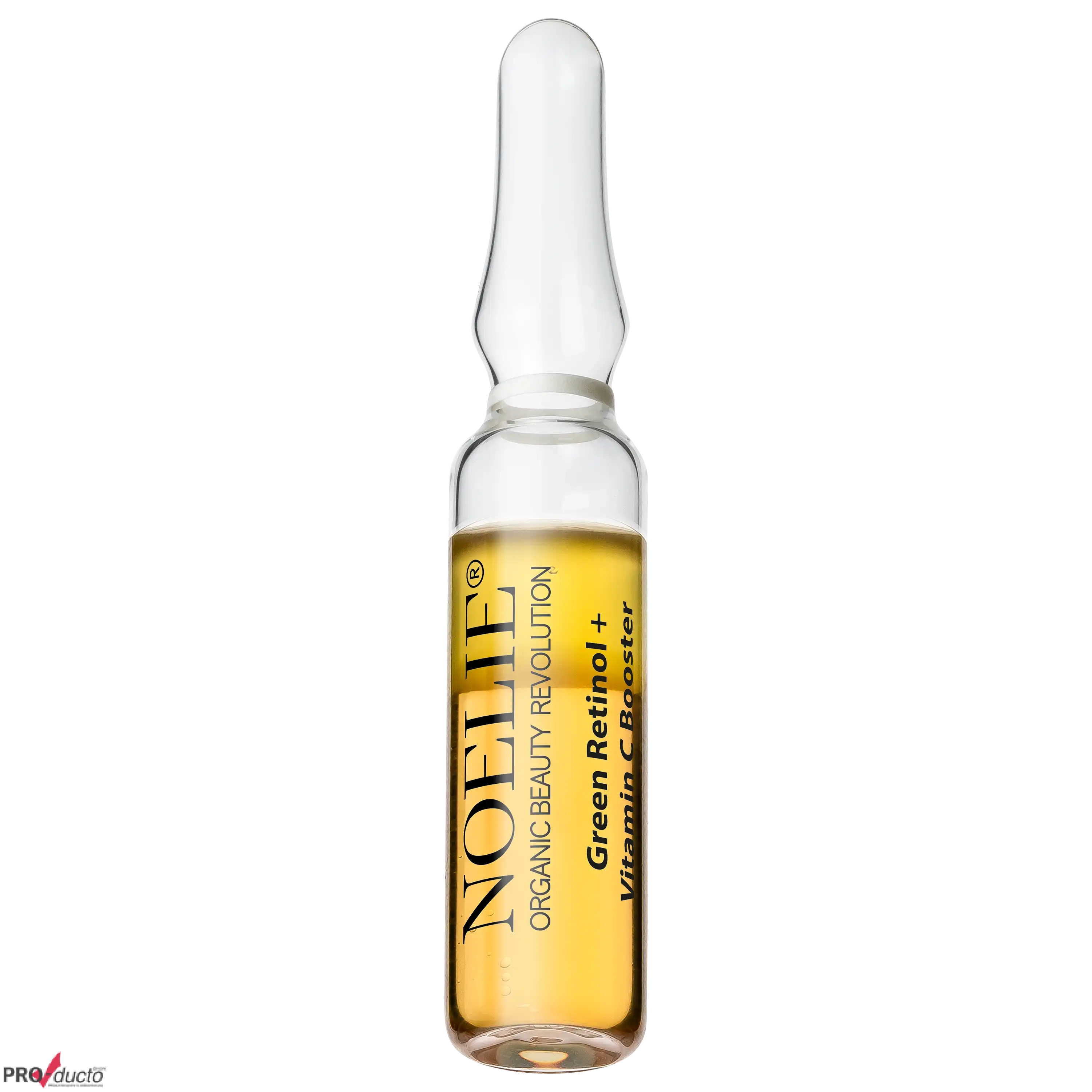 NOELIE Green Retinol + Vitamin C Booster Ampulle vor schwarzem Hintergrund für professionelle Produktfotos.