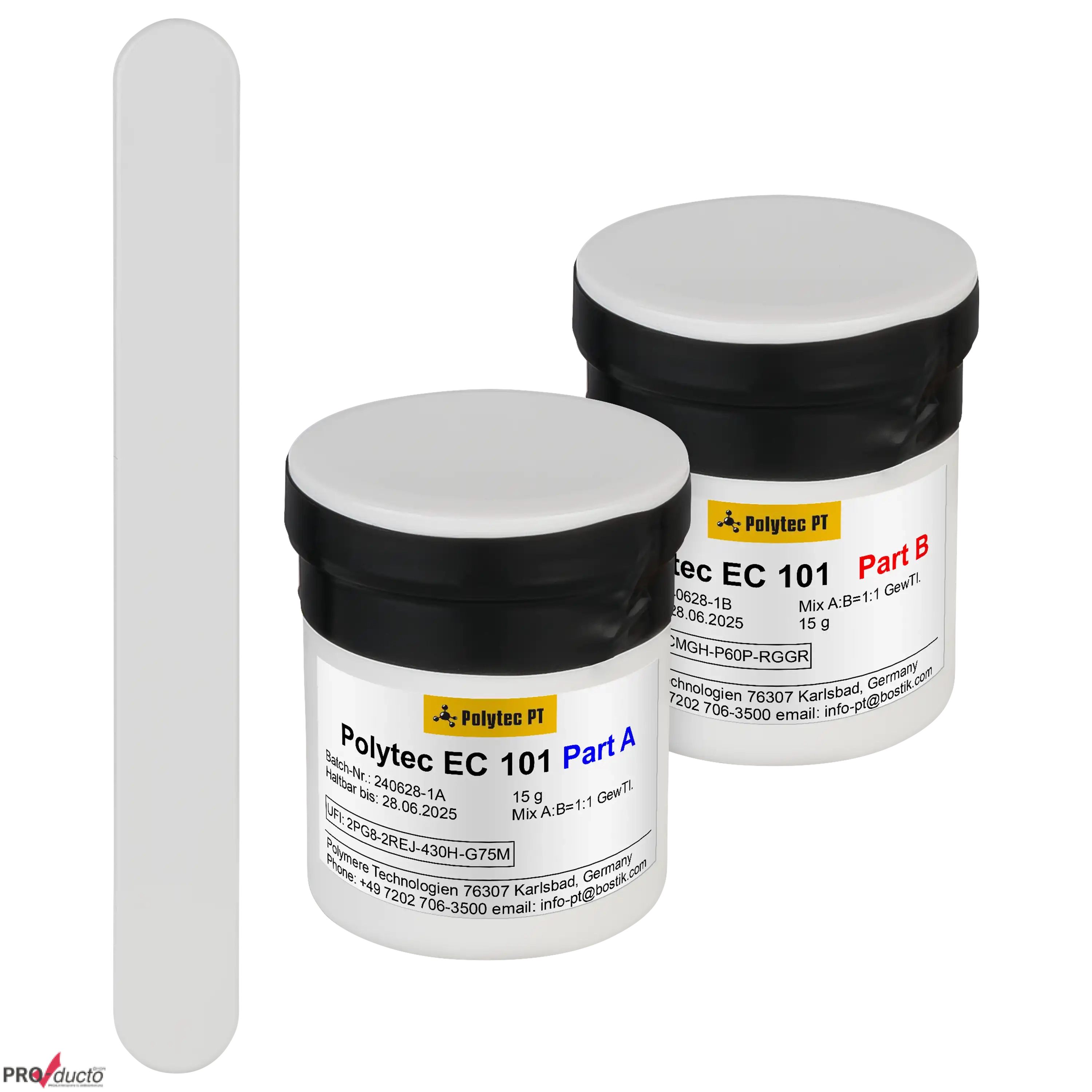 Zwei Polytec EC 101 Klebstoffdosen Teil A und B mit Spatel für professionelle Produktfotos im Fotostudio.