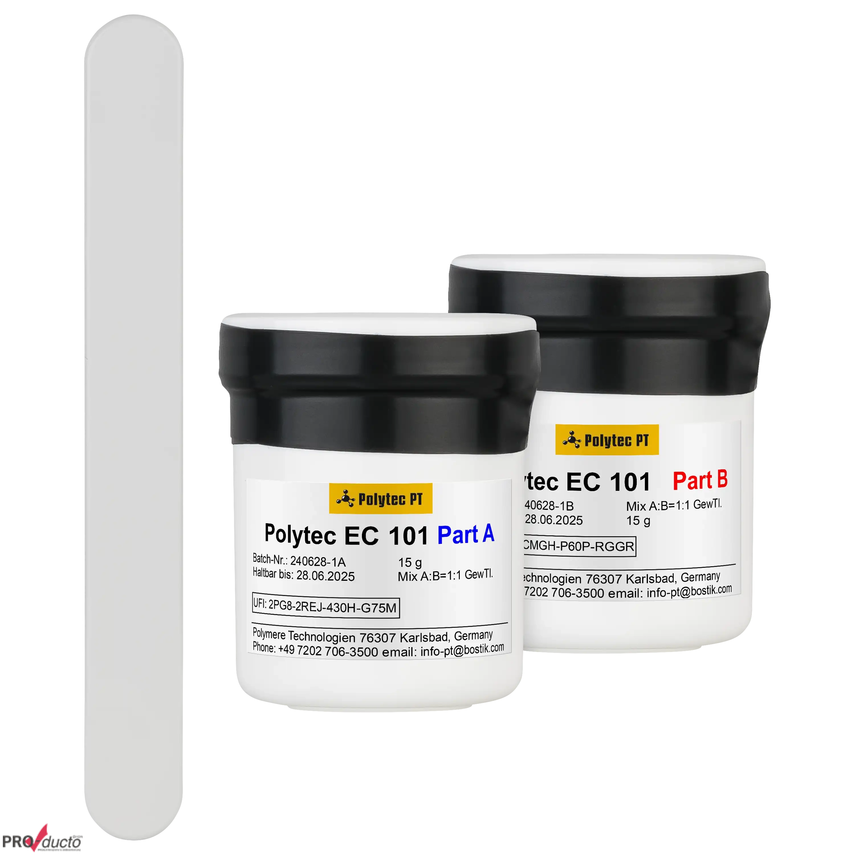 Zwei Polytec EC 101 Klebstoffdosen Teil A und B mit Spatel für professionelle Produktfotos im Fotostudio.