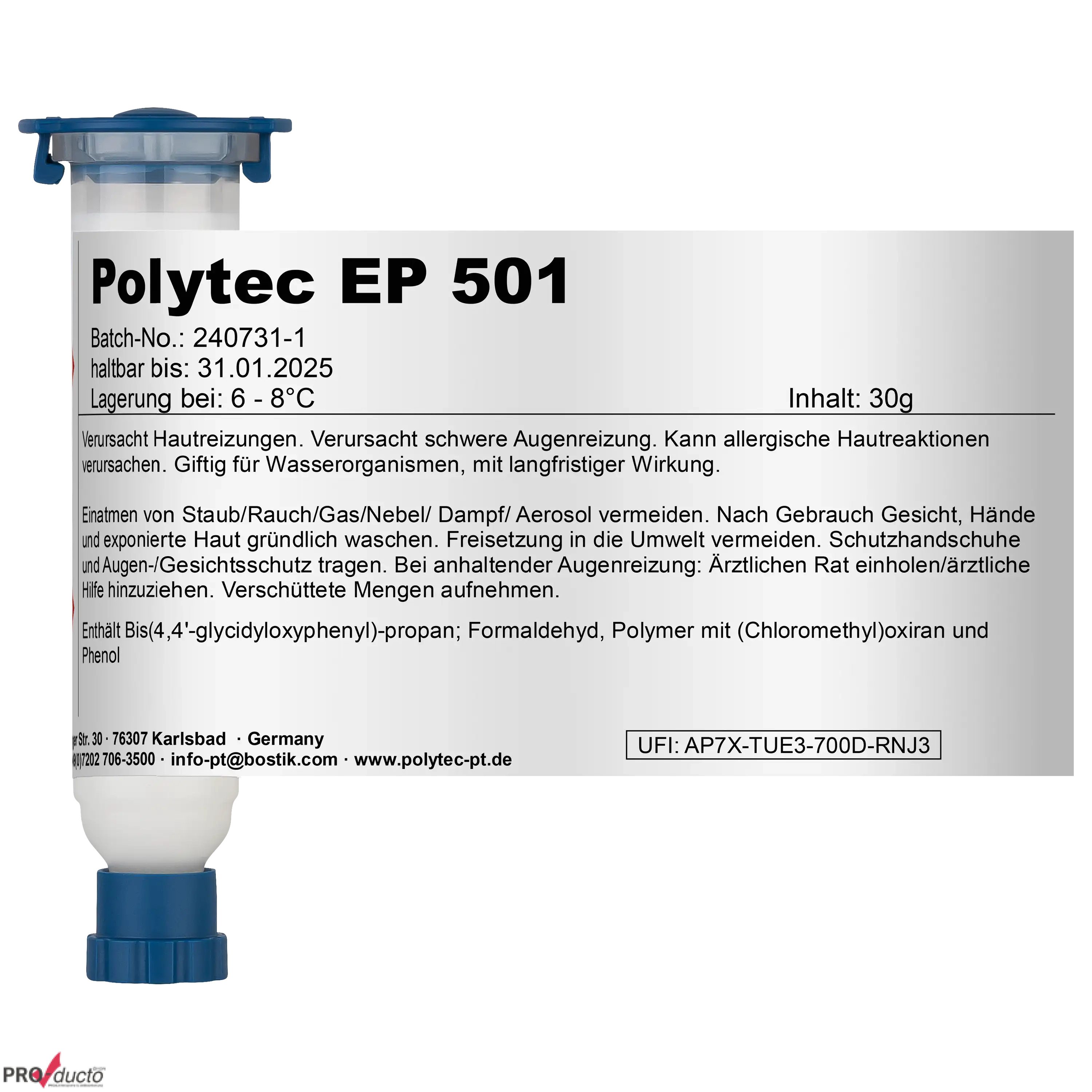 Polytec EP 501 Klebstoffkartusche mit detailliertem Etikett und Sicherheitshinweisen im Fotostudio aufgenommen.