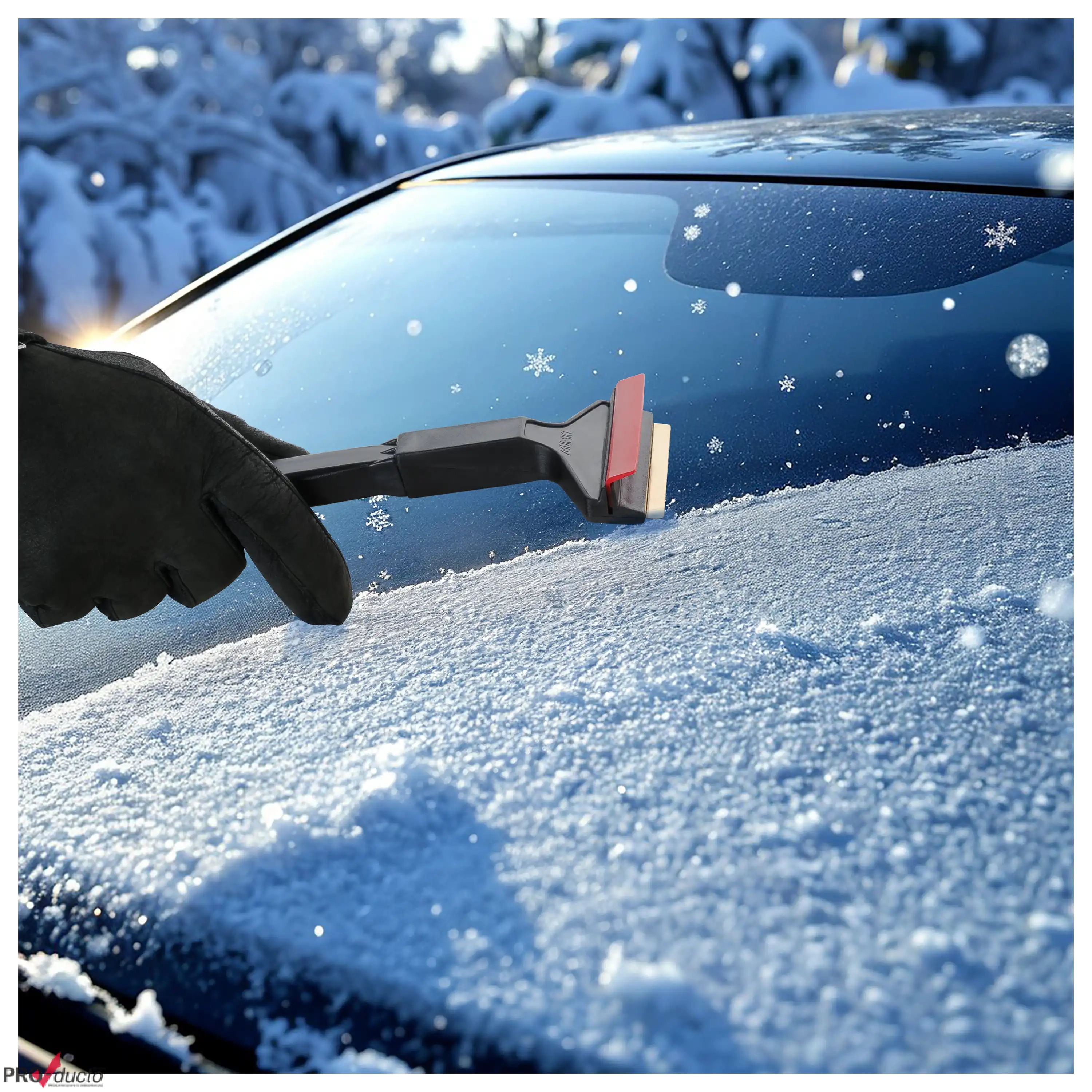 Eine Hand in einem schwarzen Handschuh nutzt einen Eiskratzer, um Schnee von einer verschneiten Windschutzscheibe.