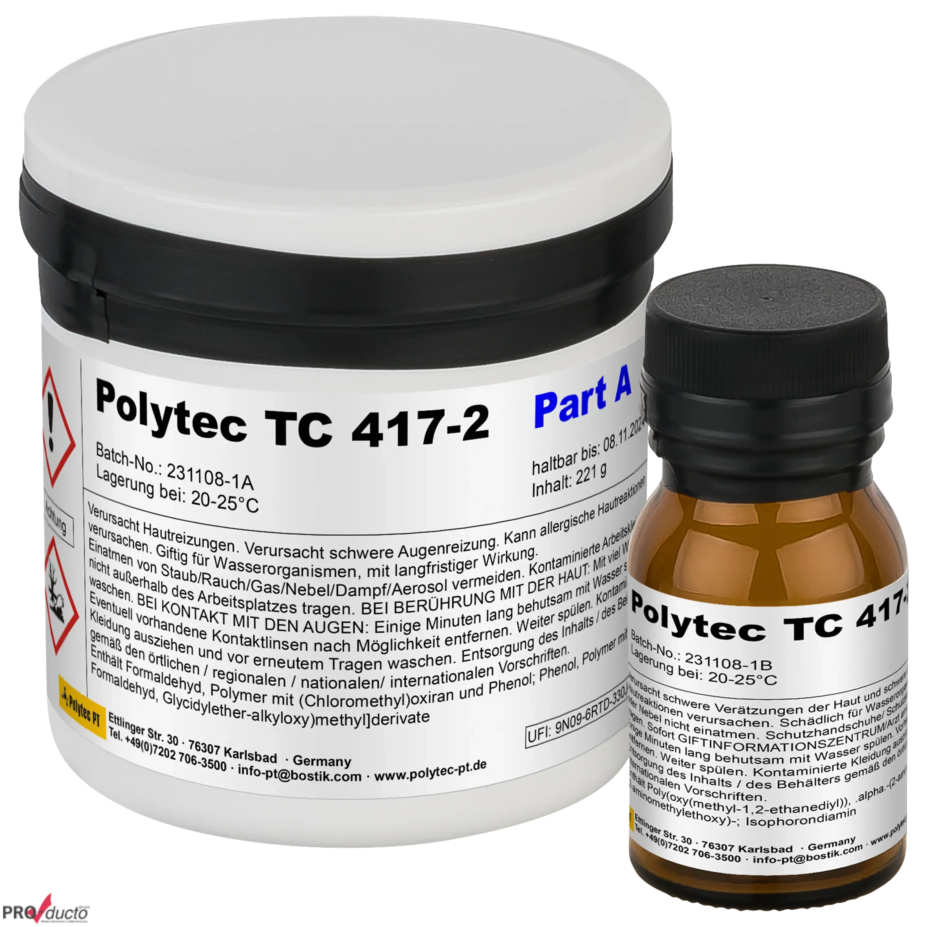 Zwei Gebinde Polytec TC 417-2 von PRO-ducto GmbH für professionelle Produktfotografie auf weißem Hintergrund.
