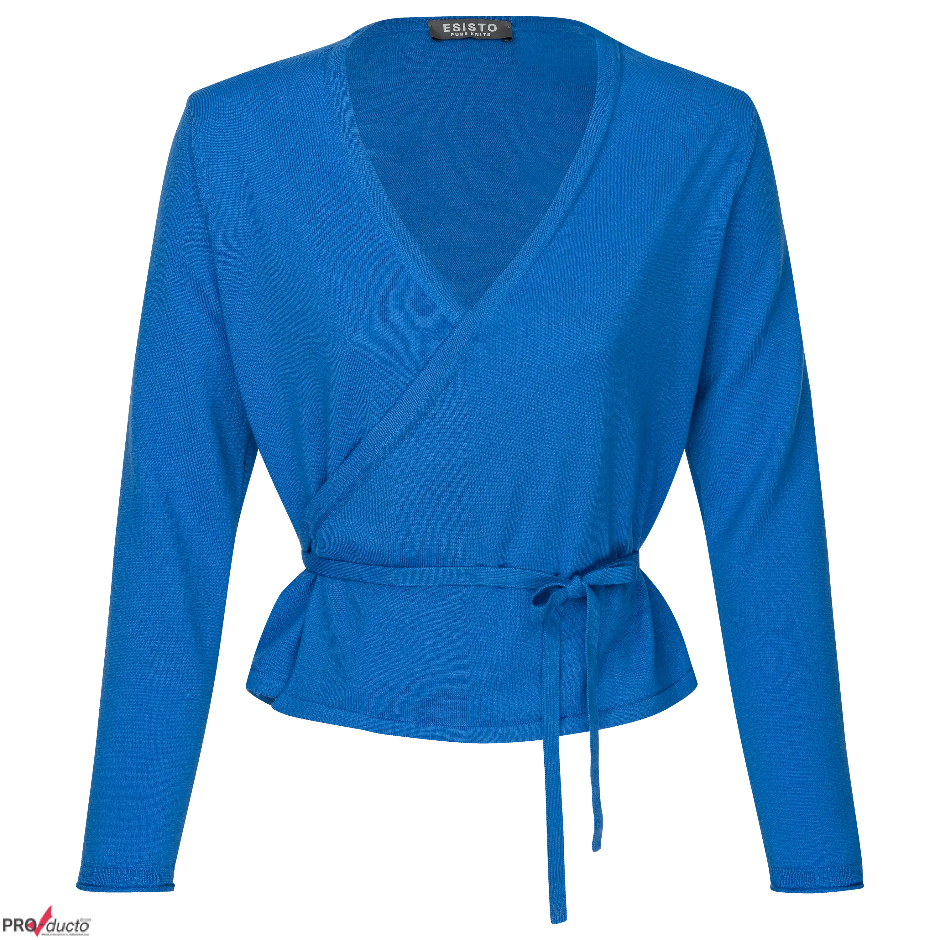 Professionelle Produktfotografie: Blauer Wickelpullover von Esisto als Freisteller. Hochwertige Textilfotografie für Bekleidung im Onlineshop. PRO-ducto GmbH