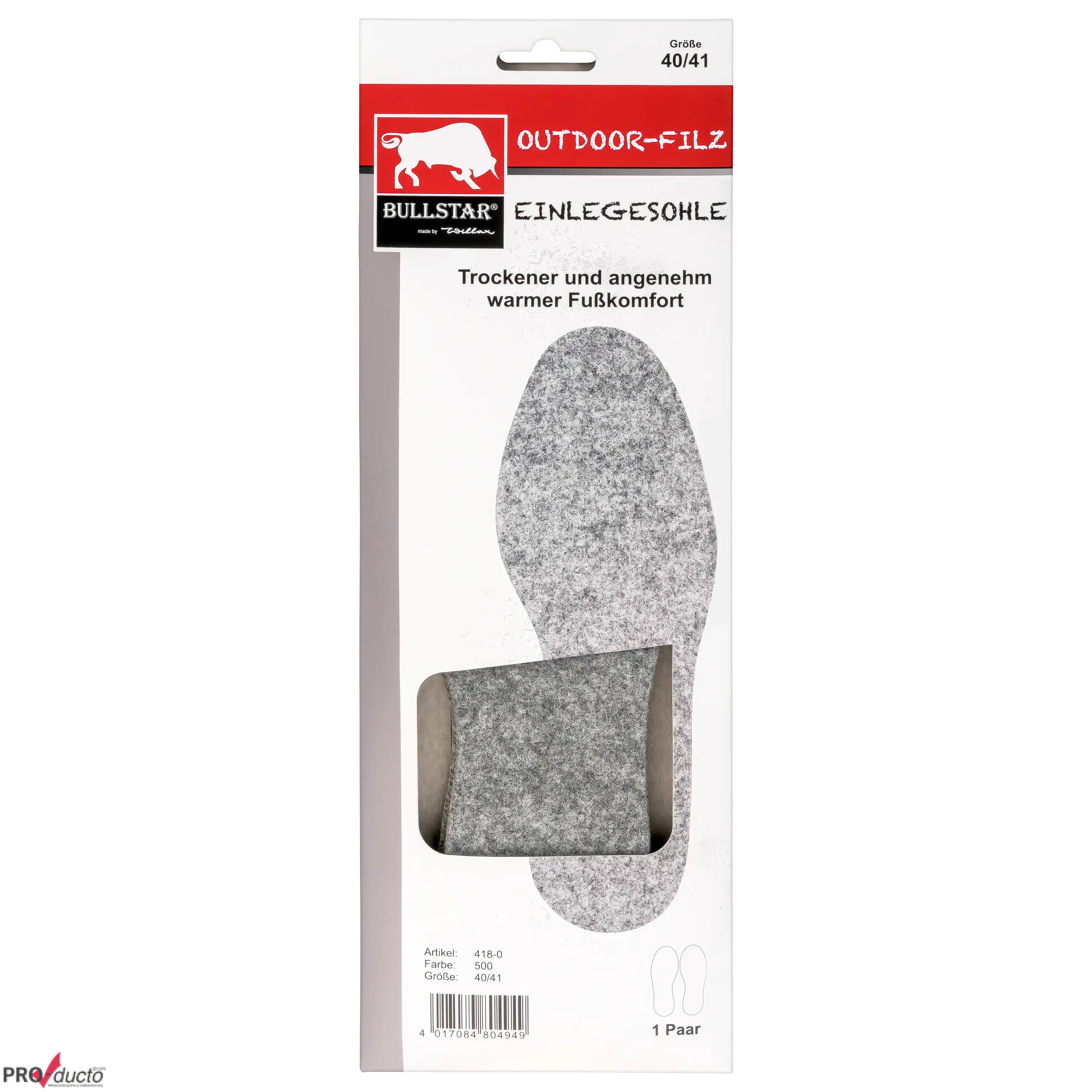 Bullstar Outdoor-Filz Einlegesohlen in Größe 40/41 in professioneller Produktfotografie für den Online-Handel.