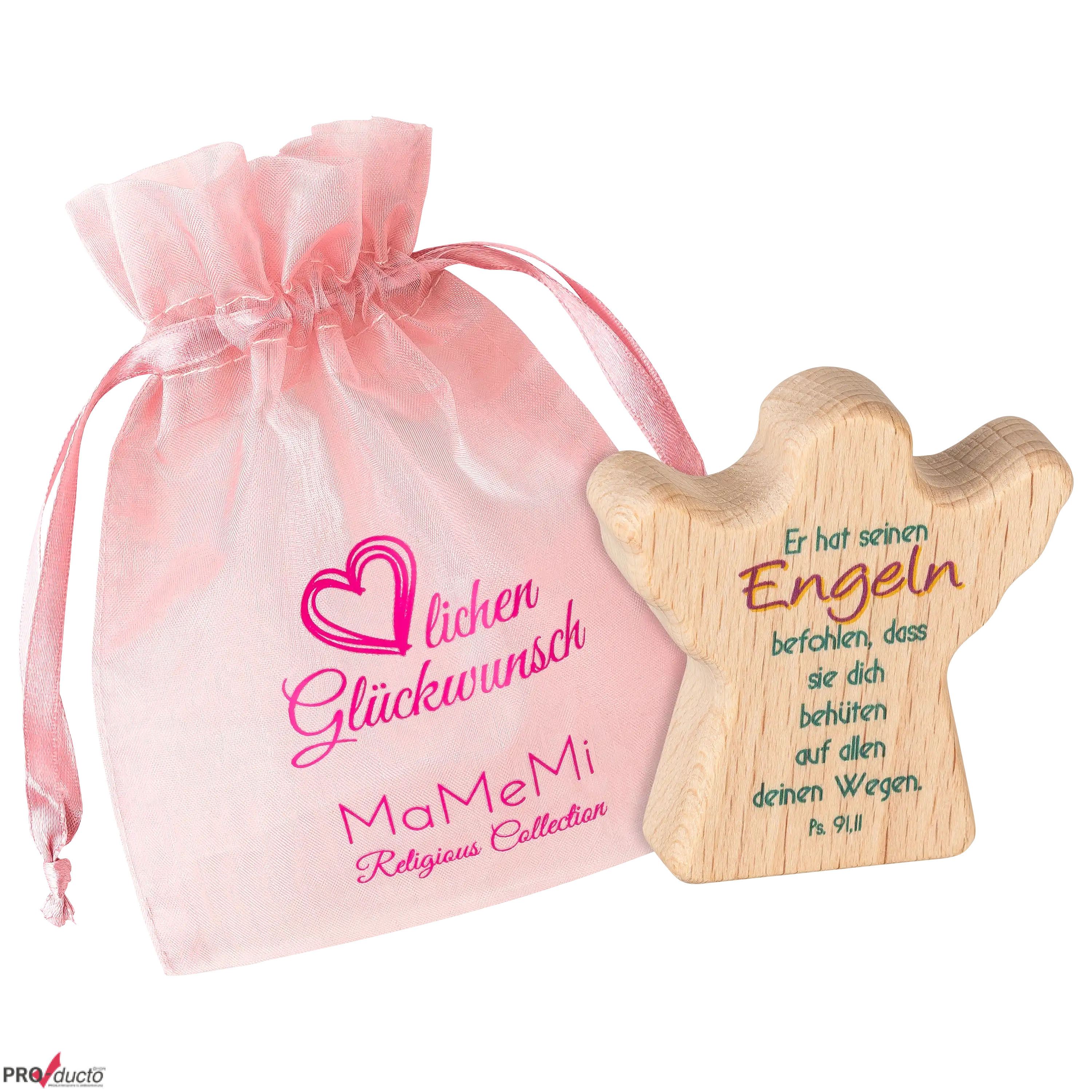 Ein Schutzengel aus Holz neben einem rosa Säckchen für professionelle Produktfotos im Fotostudio.