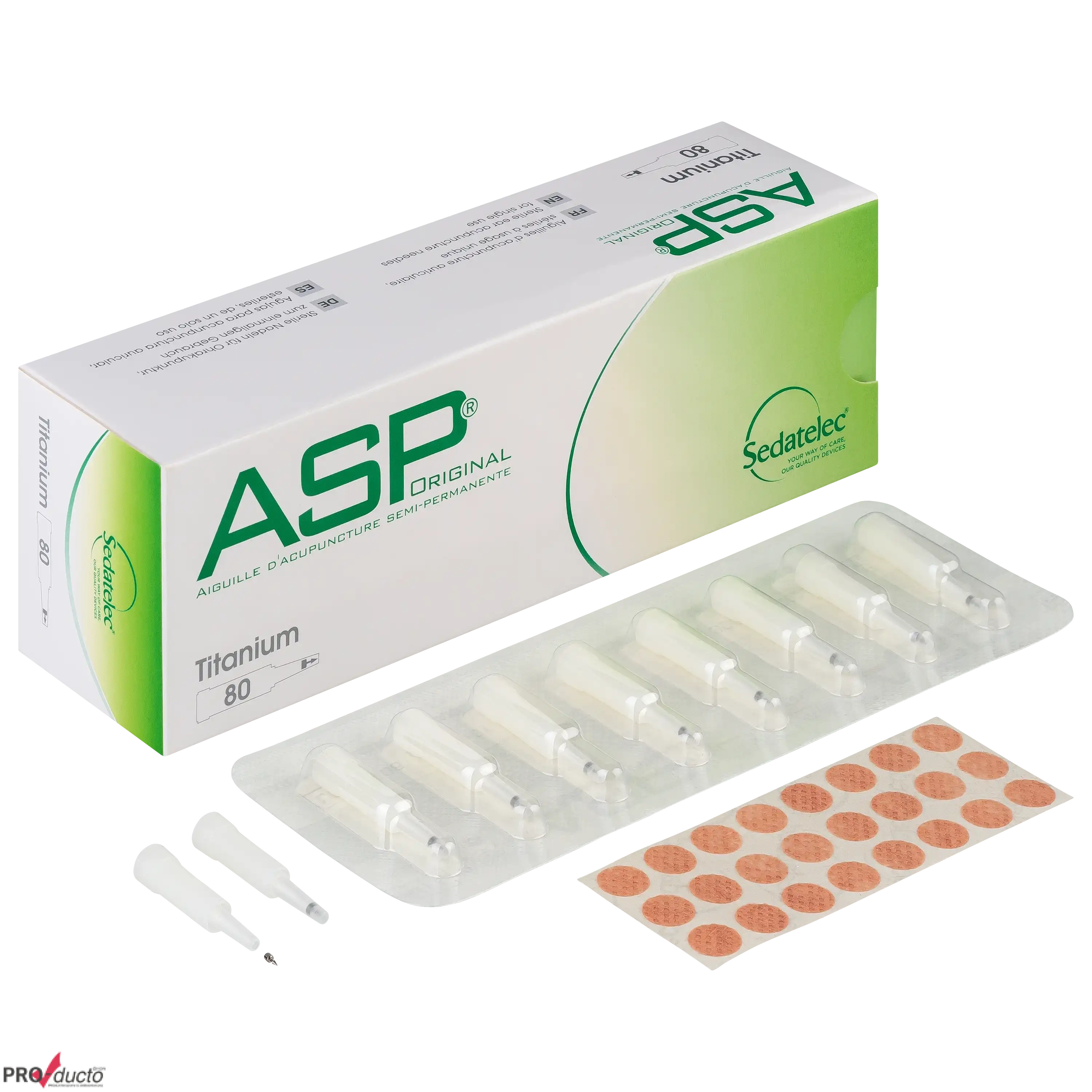 Professionelle Produktfotos von ASP Original Akupunkturnadeln aus Titan in der Verpackung mit Pflastern.