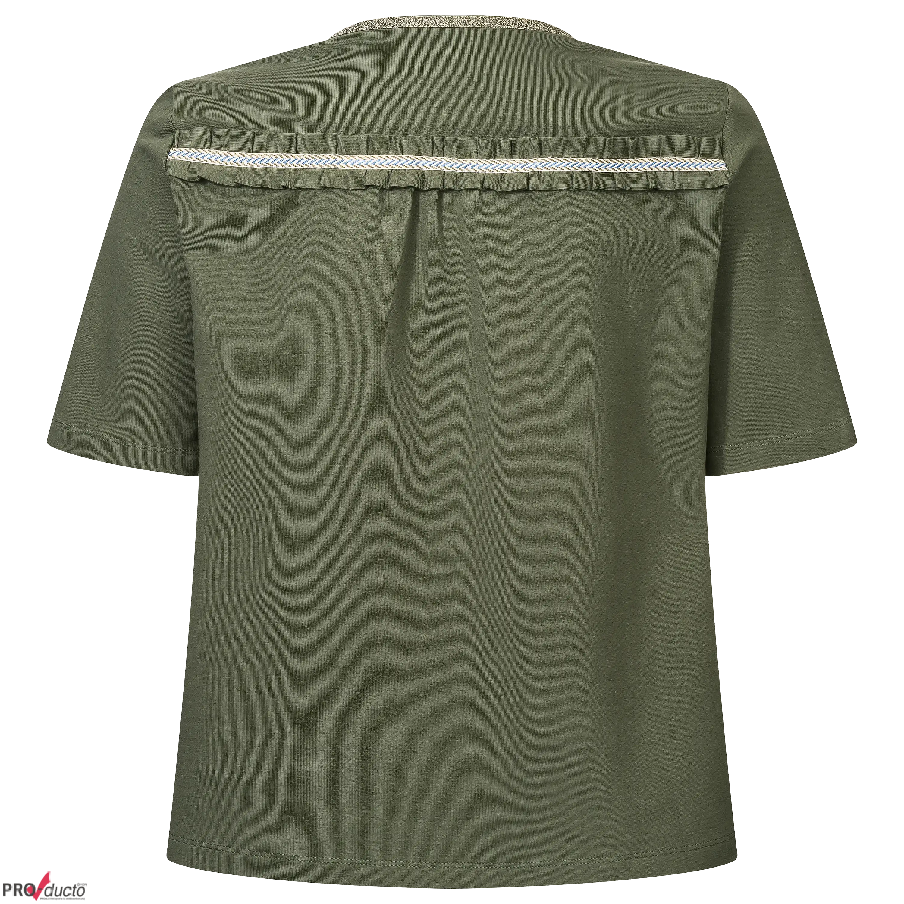 Professionelle Produktfotografie als Freisteller: Rückansicht eines olivgrünen Shirts mit Rüschen-Detail. Hollowman Fotografie für mehr Umsatz. PRO-ducto GmbH
