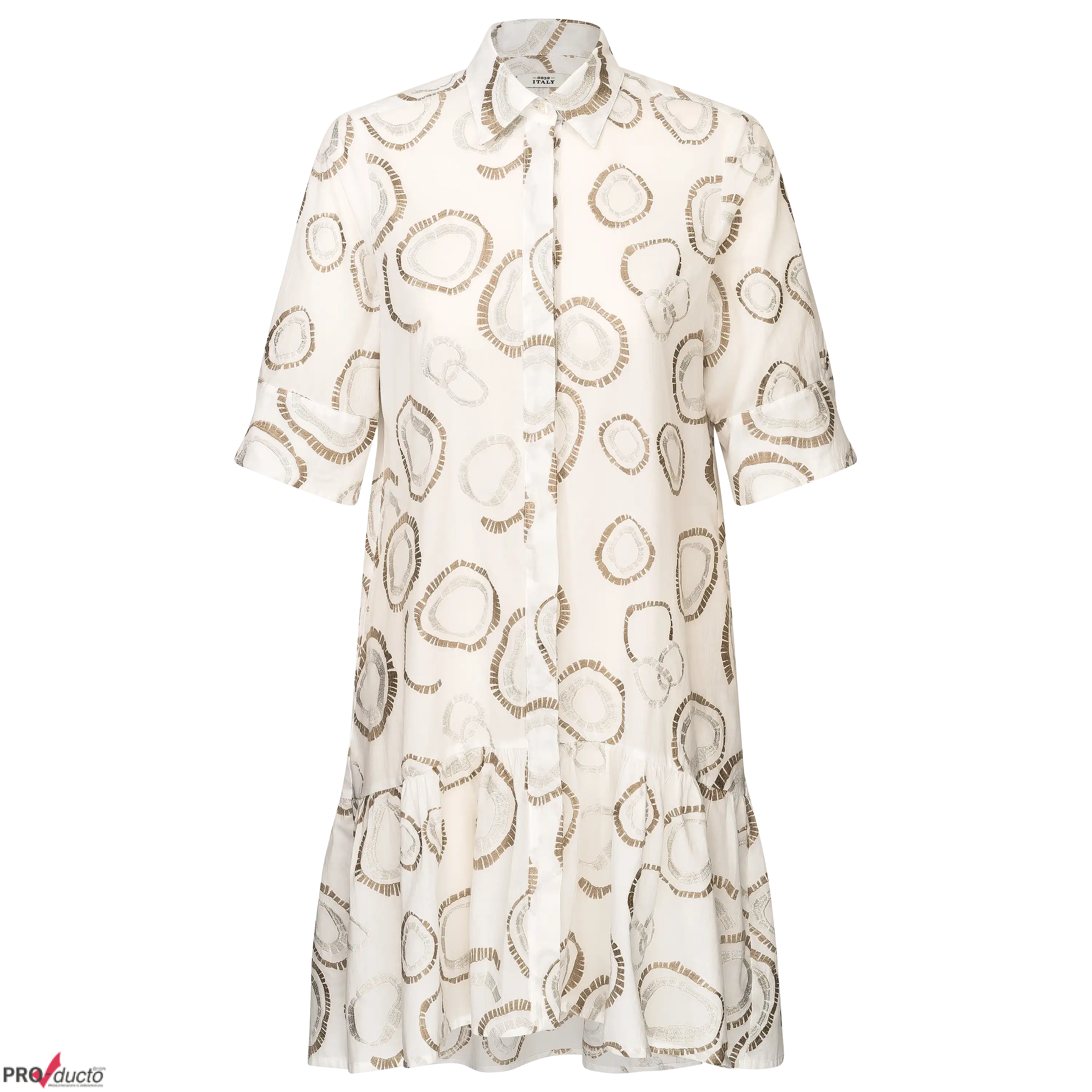 Professionelle Produktfotografie: Ein weißes Blusenkleid mit braunem Kreismuster als Freisteller. Ideal, um Bekleidung hochwertig fotografieren zu lassen. PRO-ducto GmbH