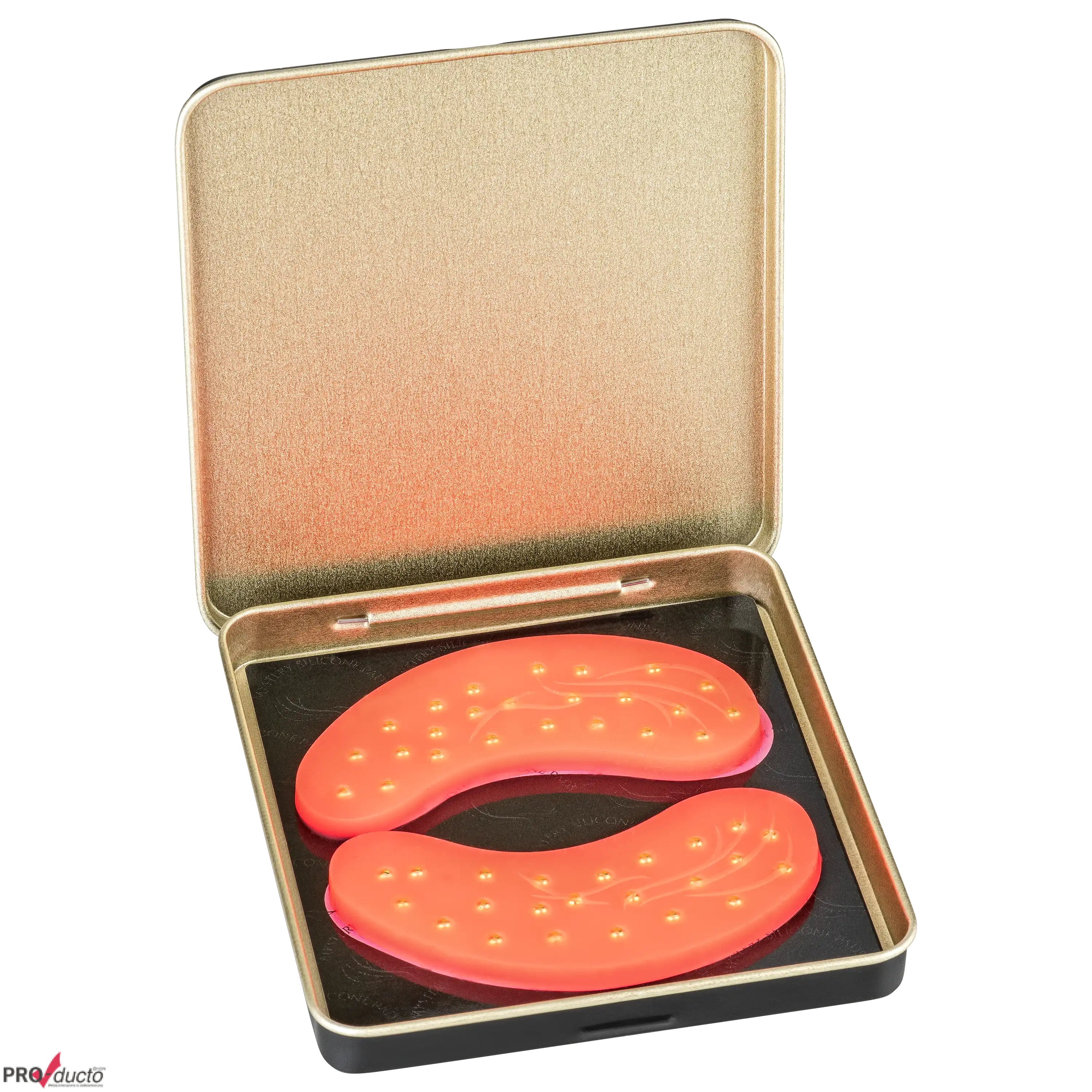 Zwei orangefarbene Silikon-Augenpads in einer offenen Metalldose, aufgenommen in professioneller Produktfotografie.