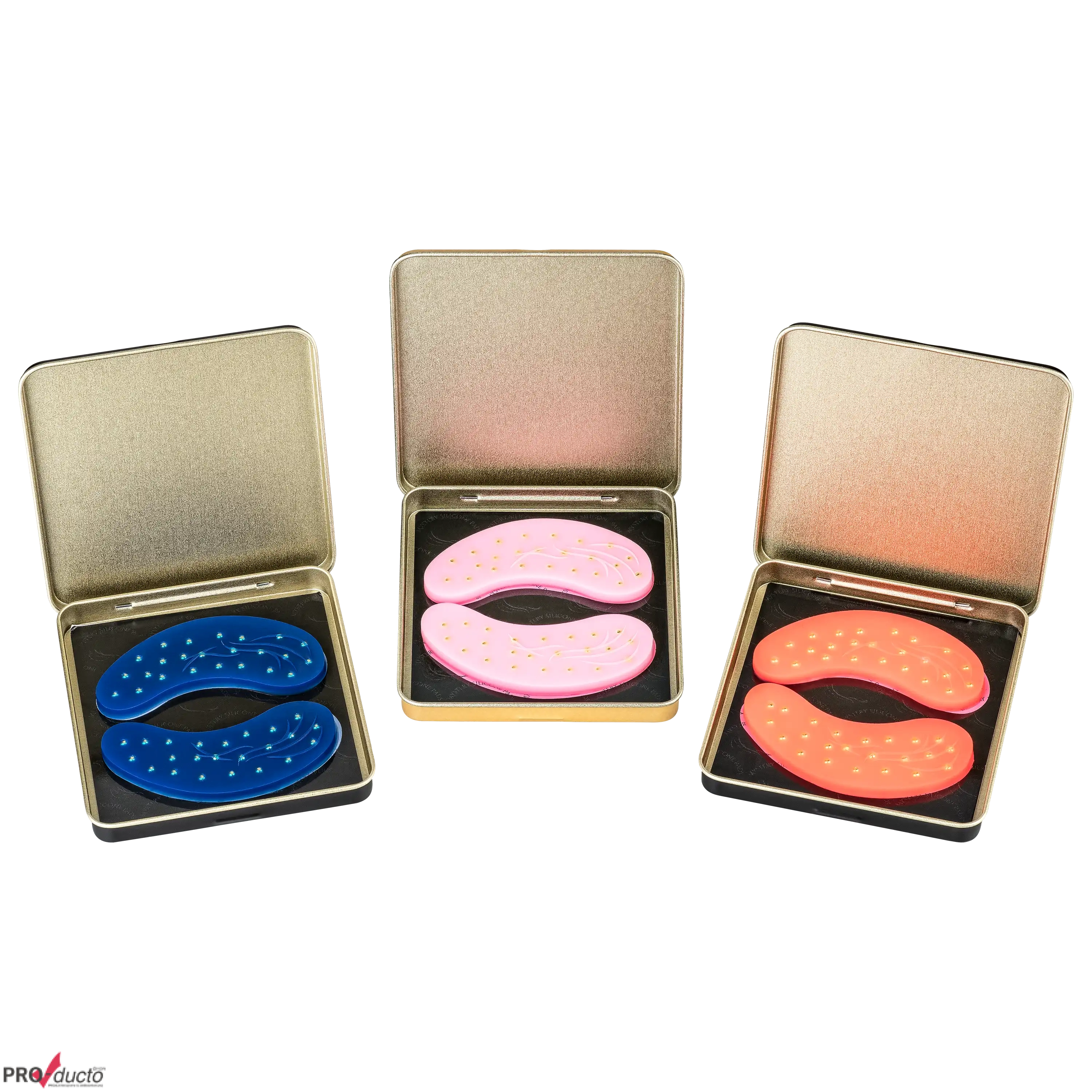Drei offene Metalldosen mit blauen, rosa und orangefarbenen Silikon-Augenpads für professionelle Produktfotos.