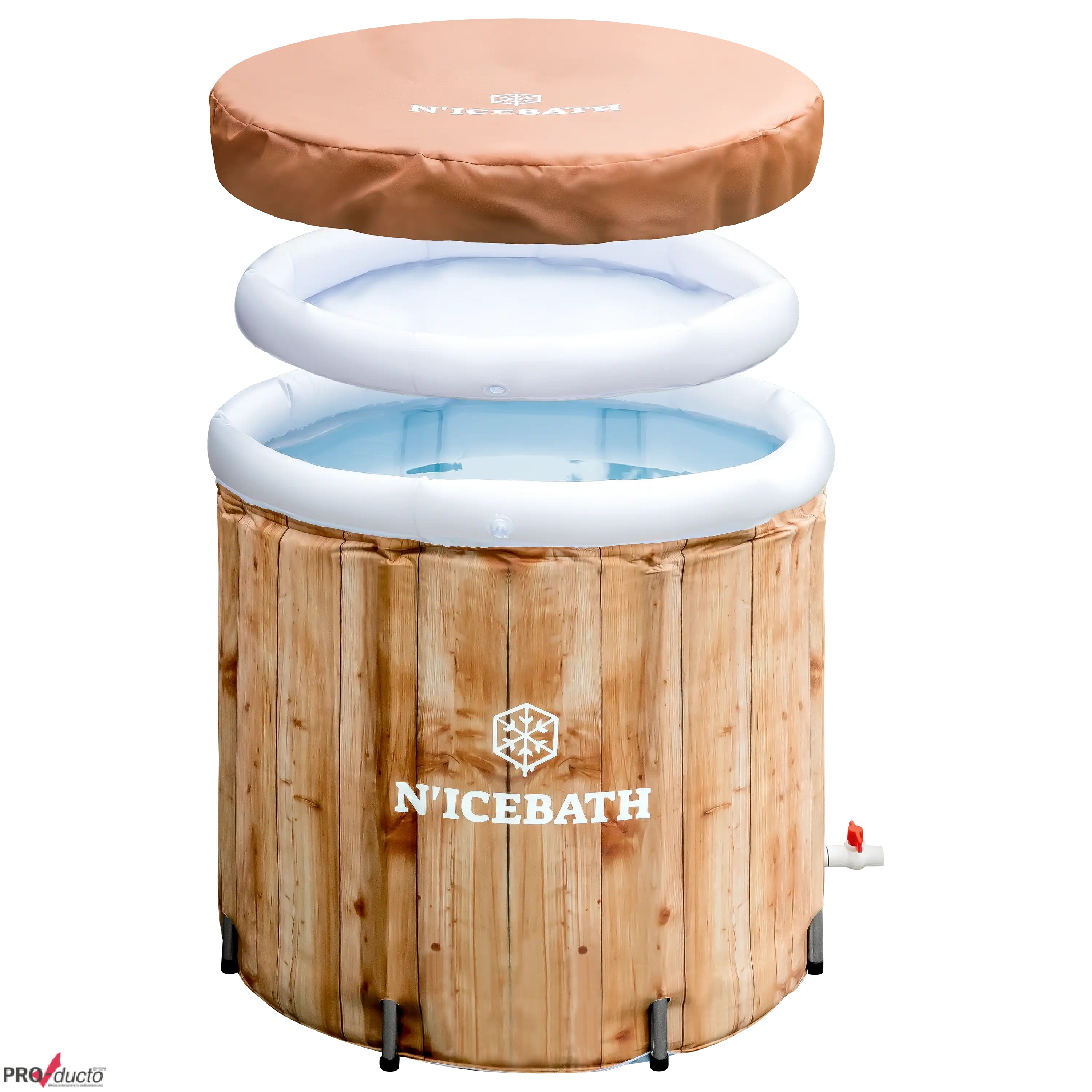N'ICEBATH Eisbad in Holzoptik mit abgenommenem Deckel und weißem Innenring vor schwarzem Hintergrund.