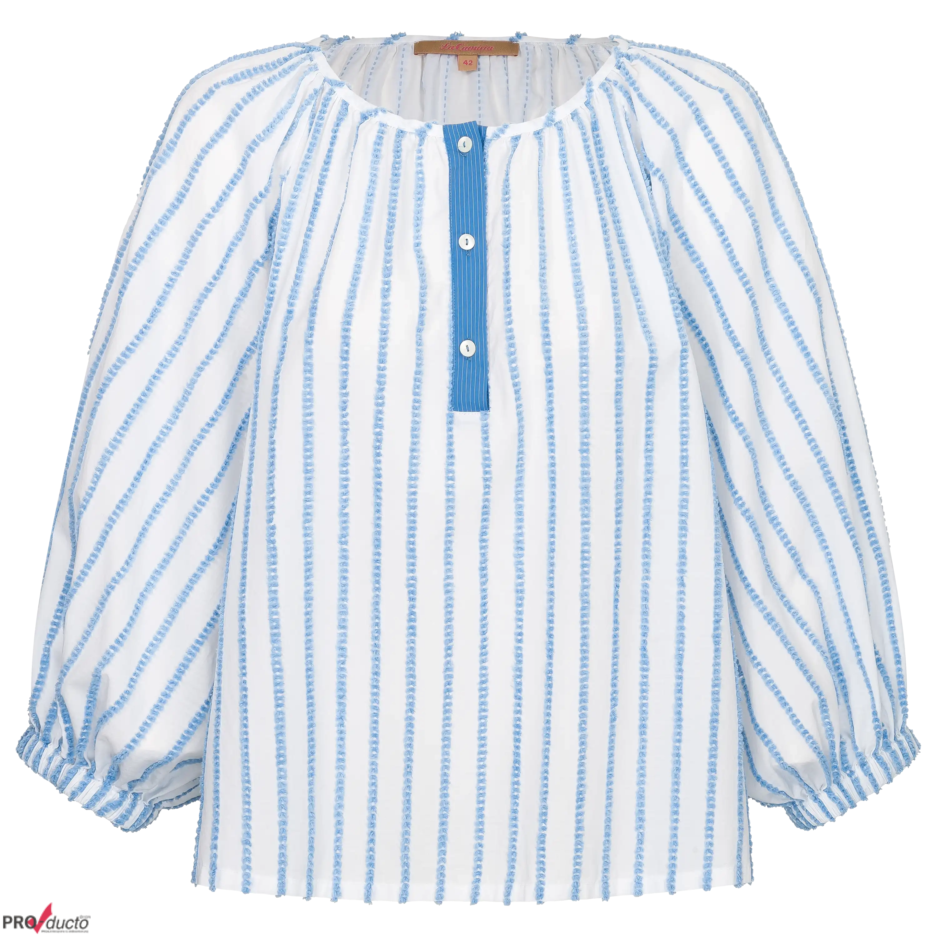 Professionelle Produktfotografie als Freisteller: Weiße Bluse mit blauen Streifen. Produktbilder erstellen lassen für mehr Sichtbarkeit und Umsatz. PRO-ducto GmbH