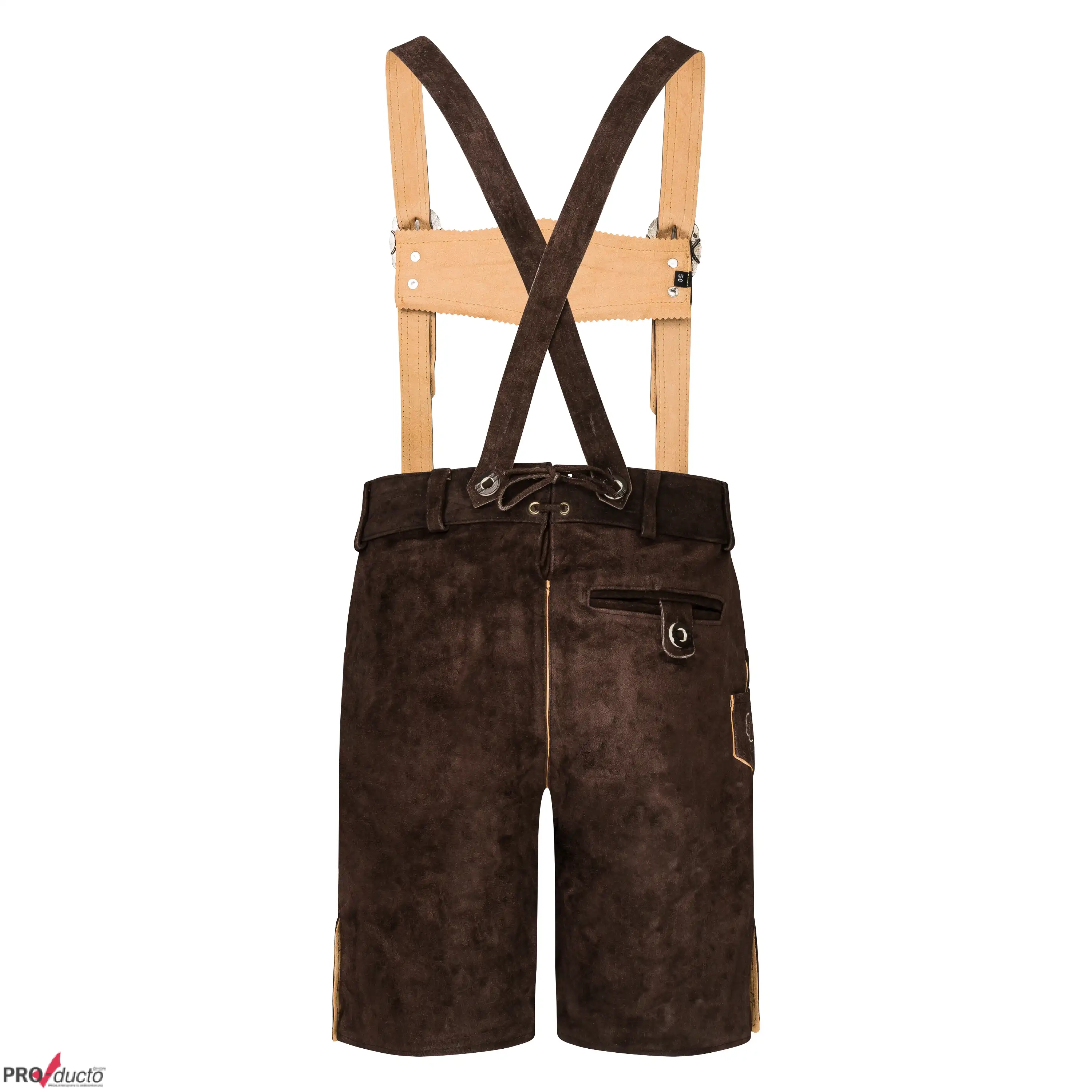 Rückansicht einer braunen Lederhose als Freisteller. Professionelle Produktfotografie und Hollowman Fotografie für mehr Sichtbarkeit und Umsatz. PRO-ducto GmbH