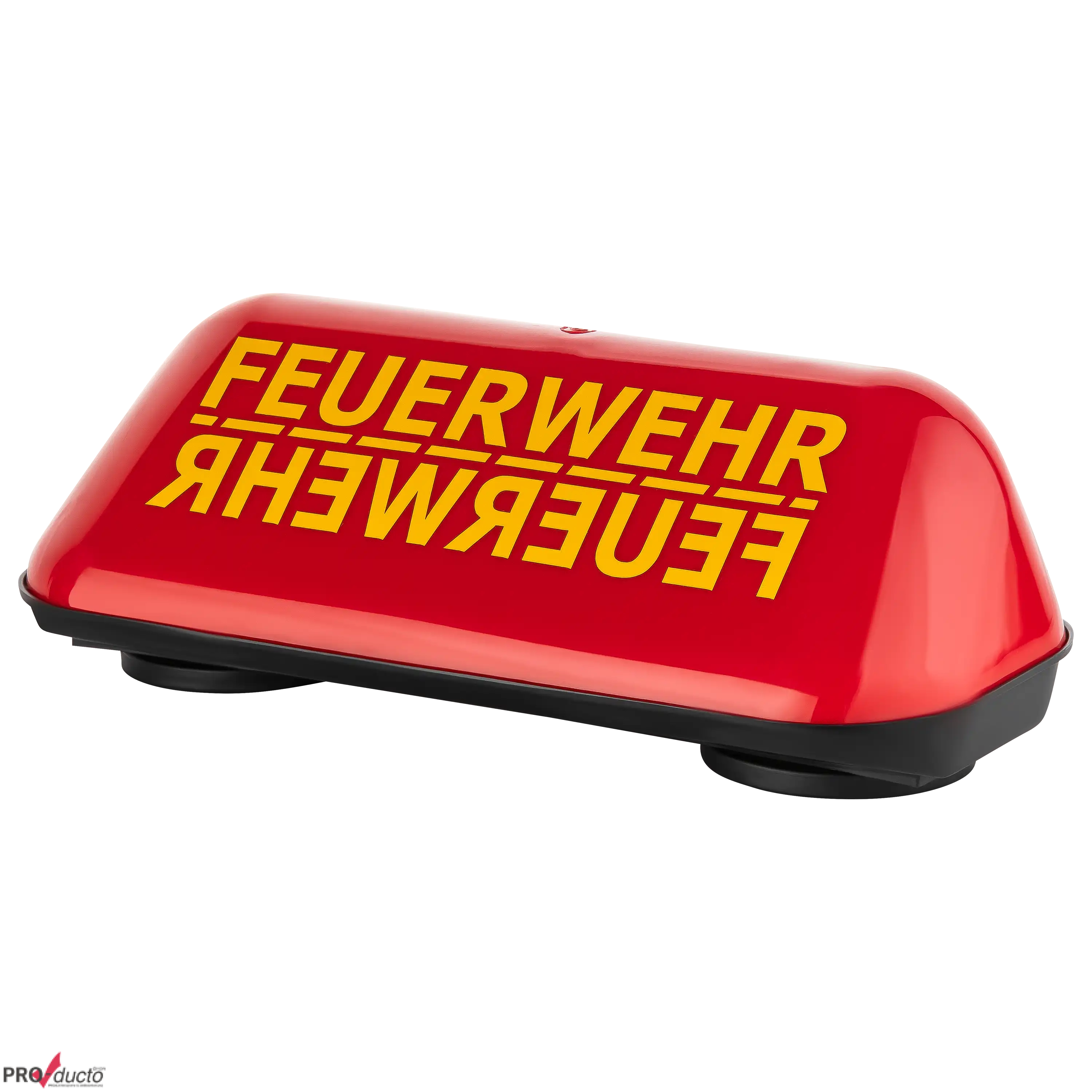 Rotes Dachschild für die Feuerwehr mit gelber Aufschrift, ideal für professionelle Produktfotos im Fotostudio.