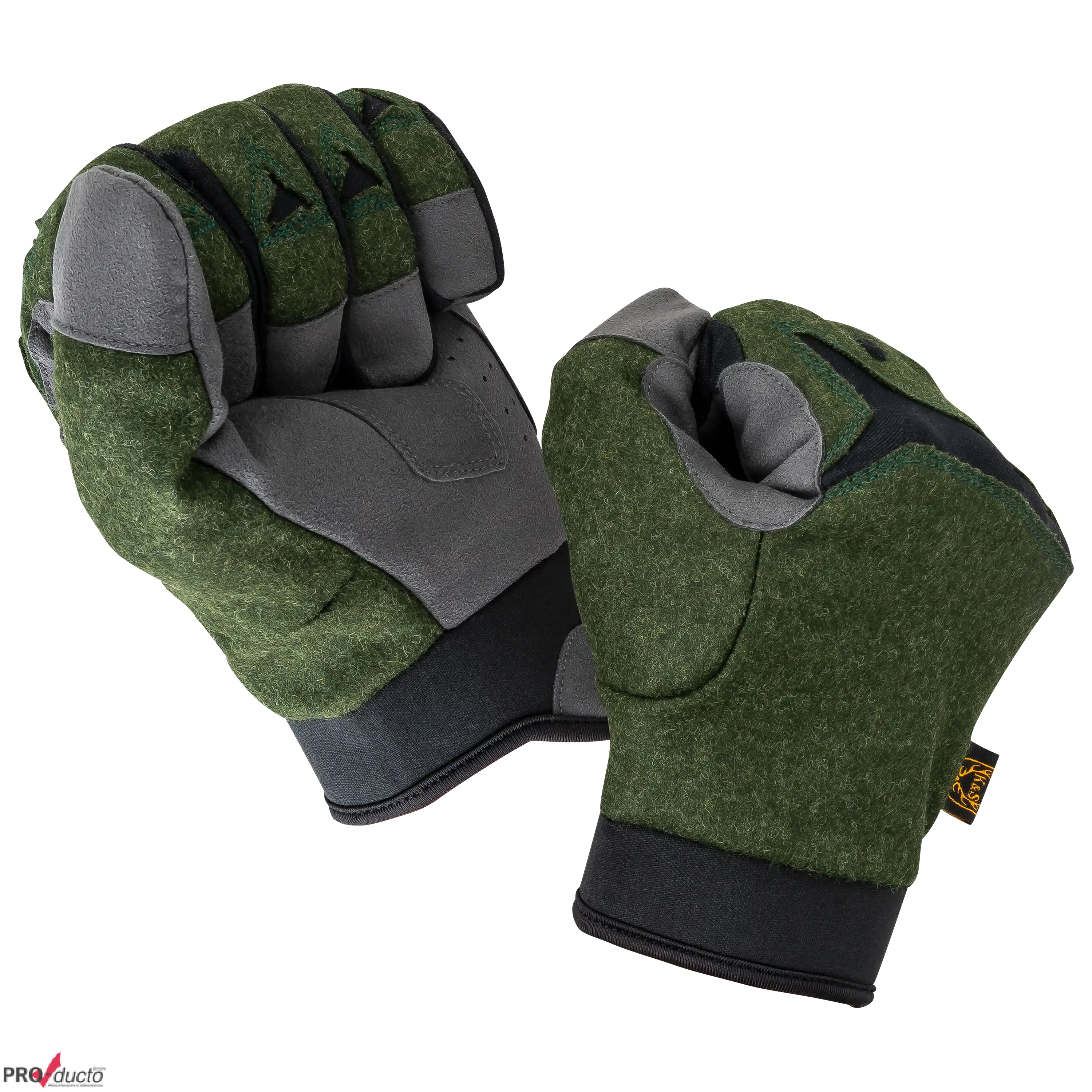 PRO-ducto GmbH Professionelle Produktfotografie als Freisteller: Zwei grüne Jagdhandschuhe aus Loden mit grauen Einsätzen für mehr Sichtbarkeit und Umsatz. Produktfotografie