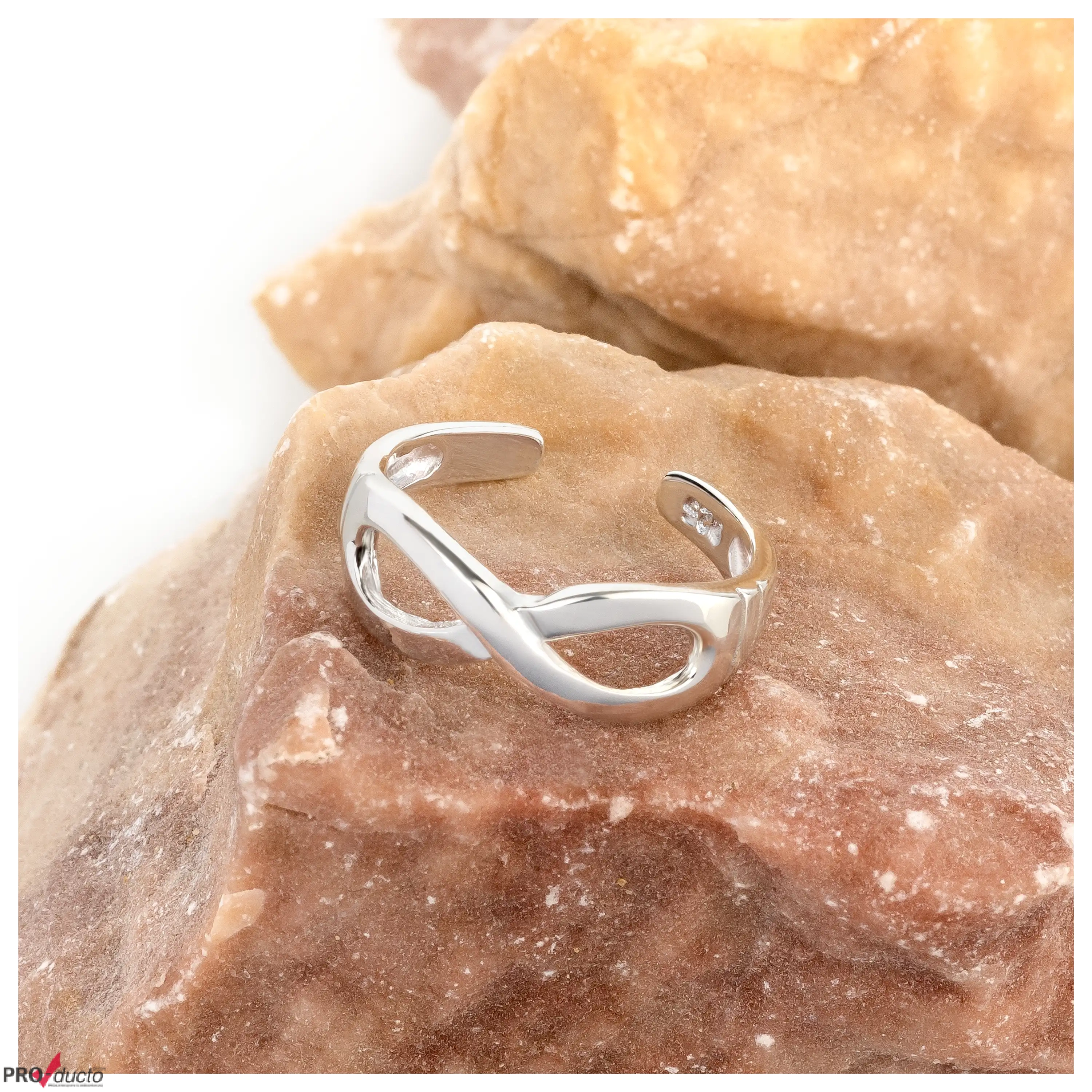 Ein silberner Ring mit Unendlichkeitssymbol auf einem Stein, fotografiert von der PRO-ducto GmbH für Produktfotos.