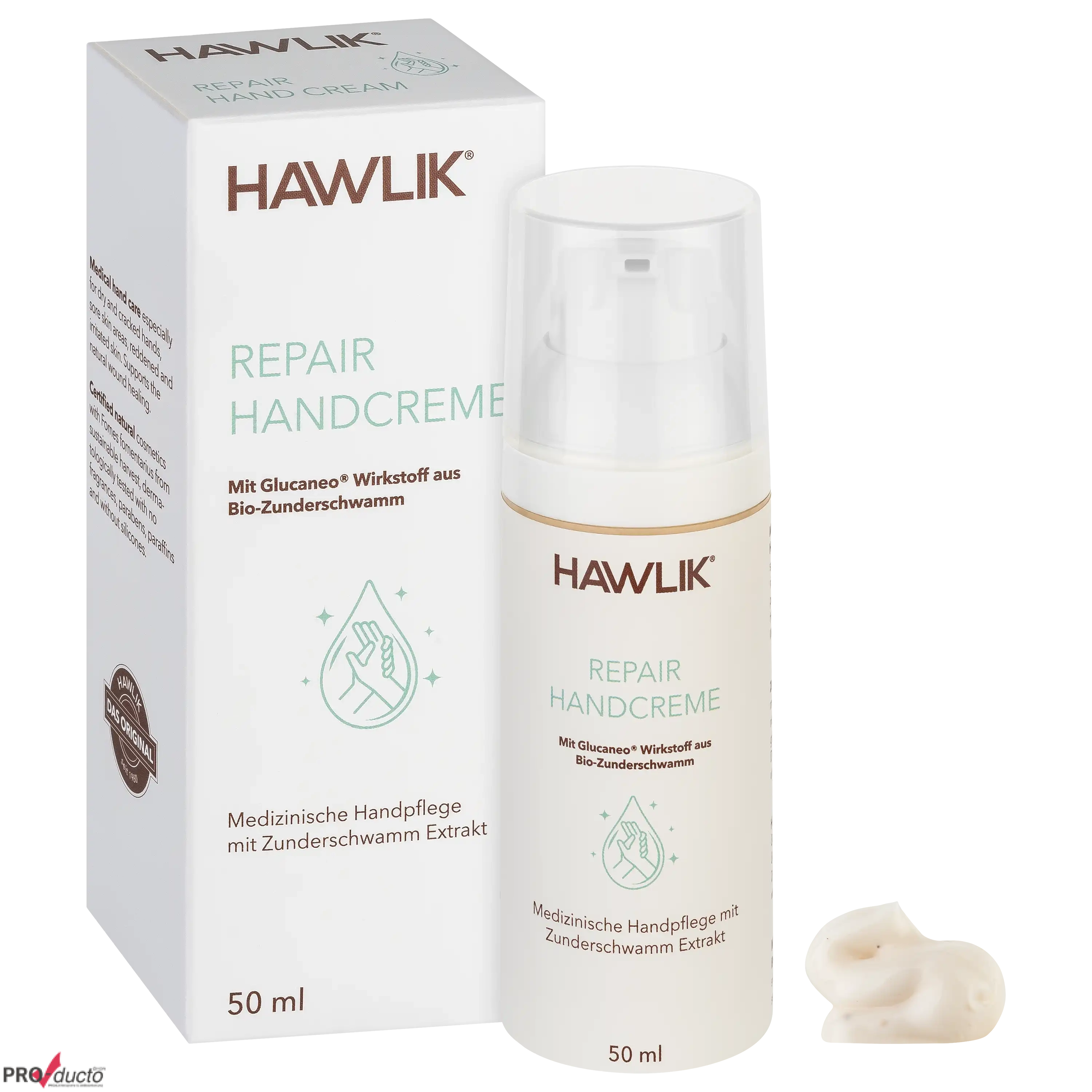 Hawlik Repair Handcreme in der Tube und Faltschachtel mit Zunderschwamm-Extrakt für professionelle Produktfotos.