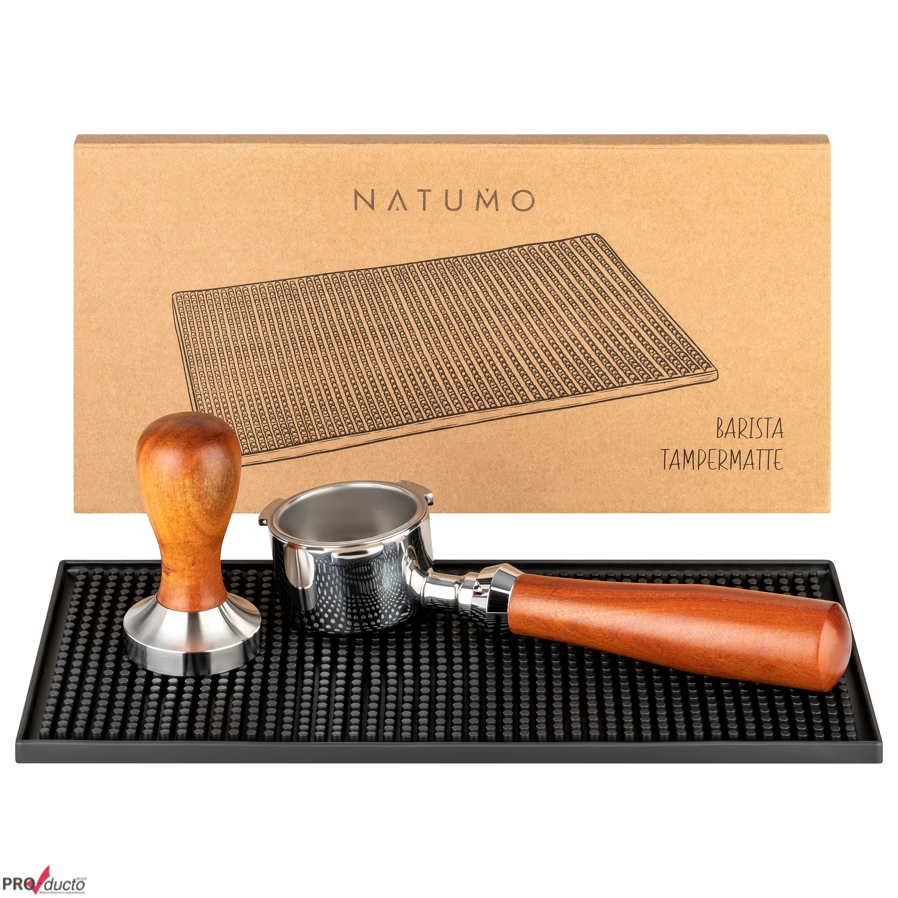 NATUMO Barista Tampermatte mit Siebträger und Tamper vor der Produktverpackung für professionelle Produktfotos.