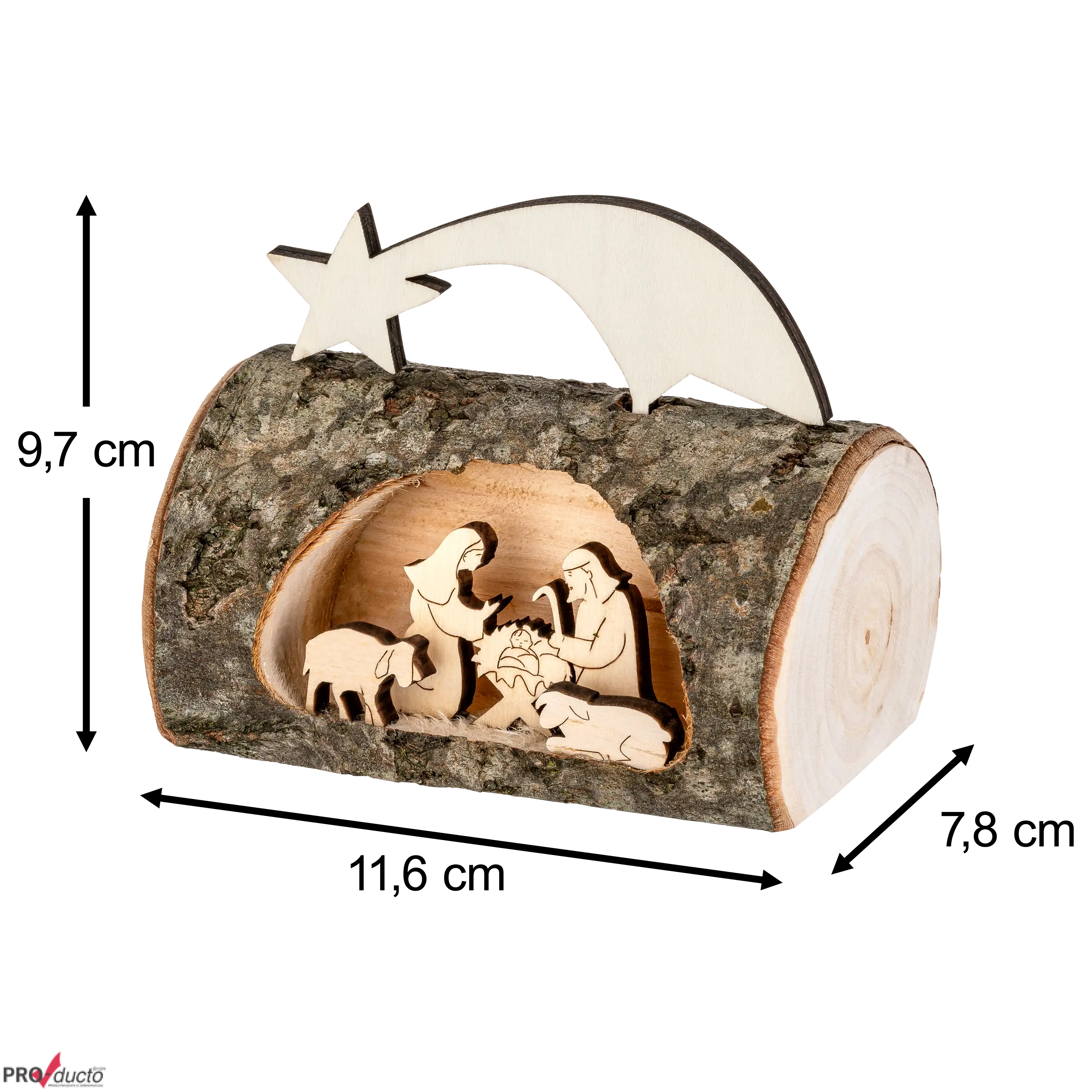 Weihnachtskrippe aus einem Baumstamm mit Stern, professionelle Produktfotografie von PRO-ducto GmbH für Dekoration.