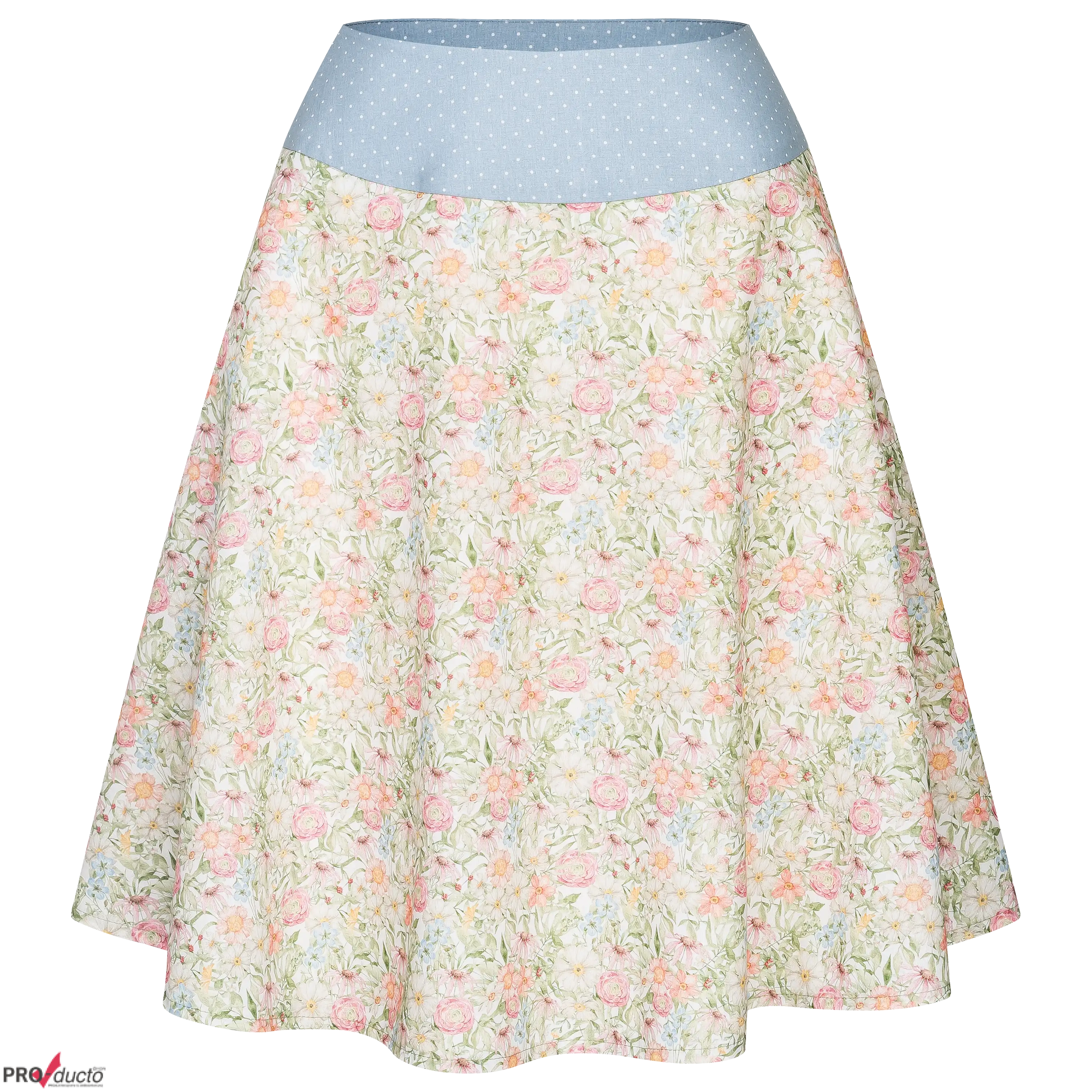 Professioneller Freisteller: Ein Rock mit Blumenmuster und gepunktetem Bund. Hochwertige Produktfotografie für mehr Sichtbarkeit und Umsatz. PRO-ducto GmbH