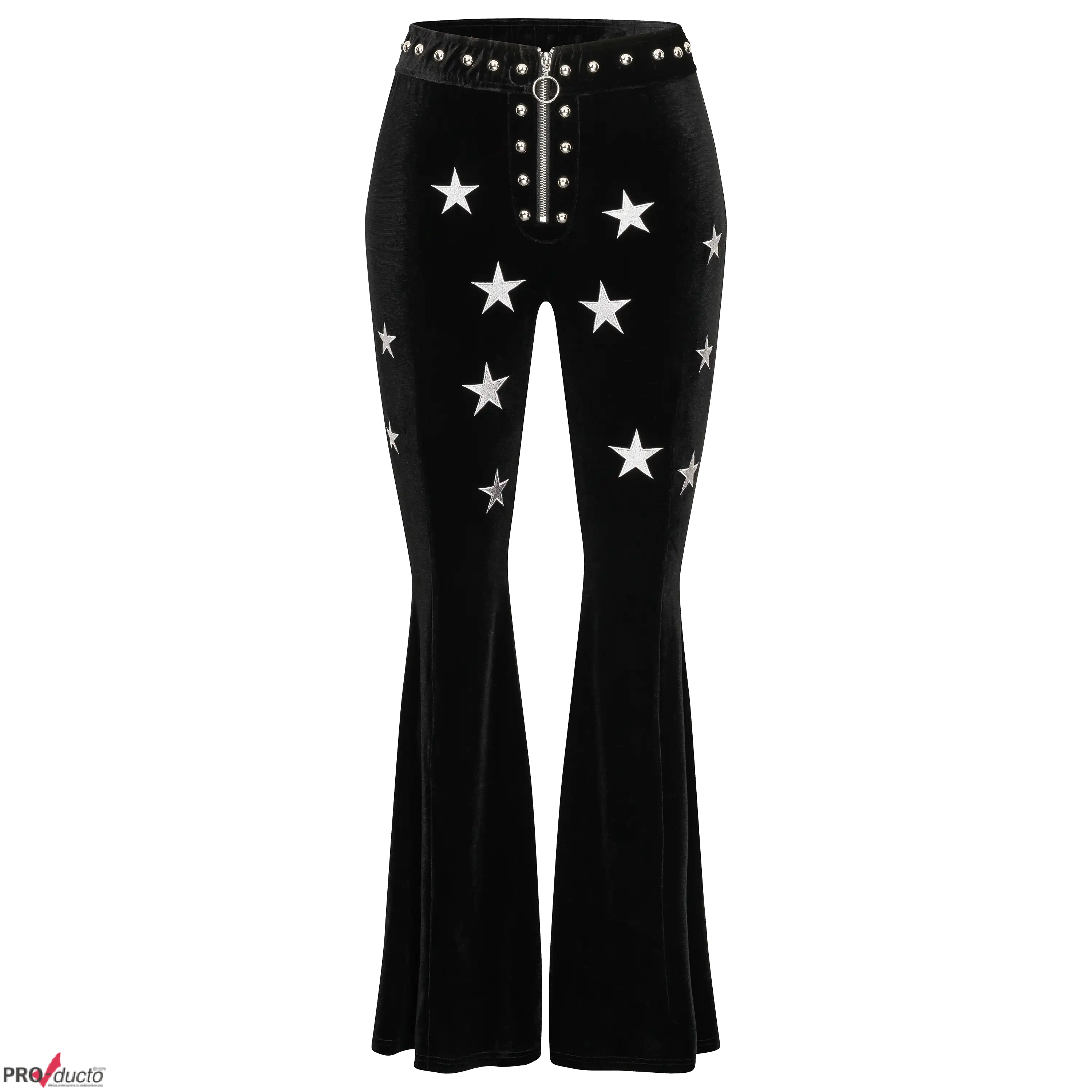 Professionelle Produktfotografie als Freisteller: Schwarze Schlaghose mit Sternen-Print und Nieten, ideal um hochwertige Produktbilder erstellen zu lassen. PRO-ducto GmbH