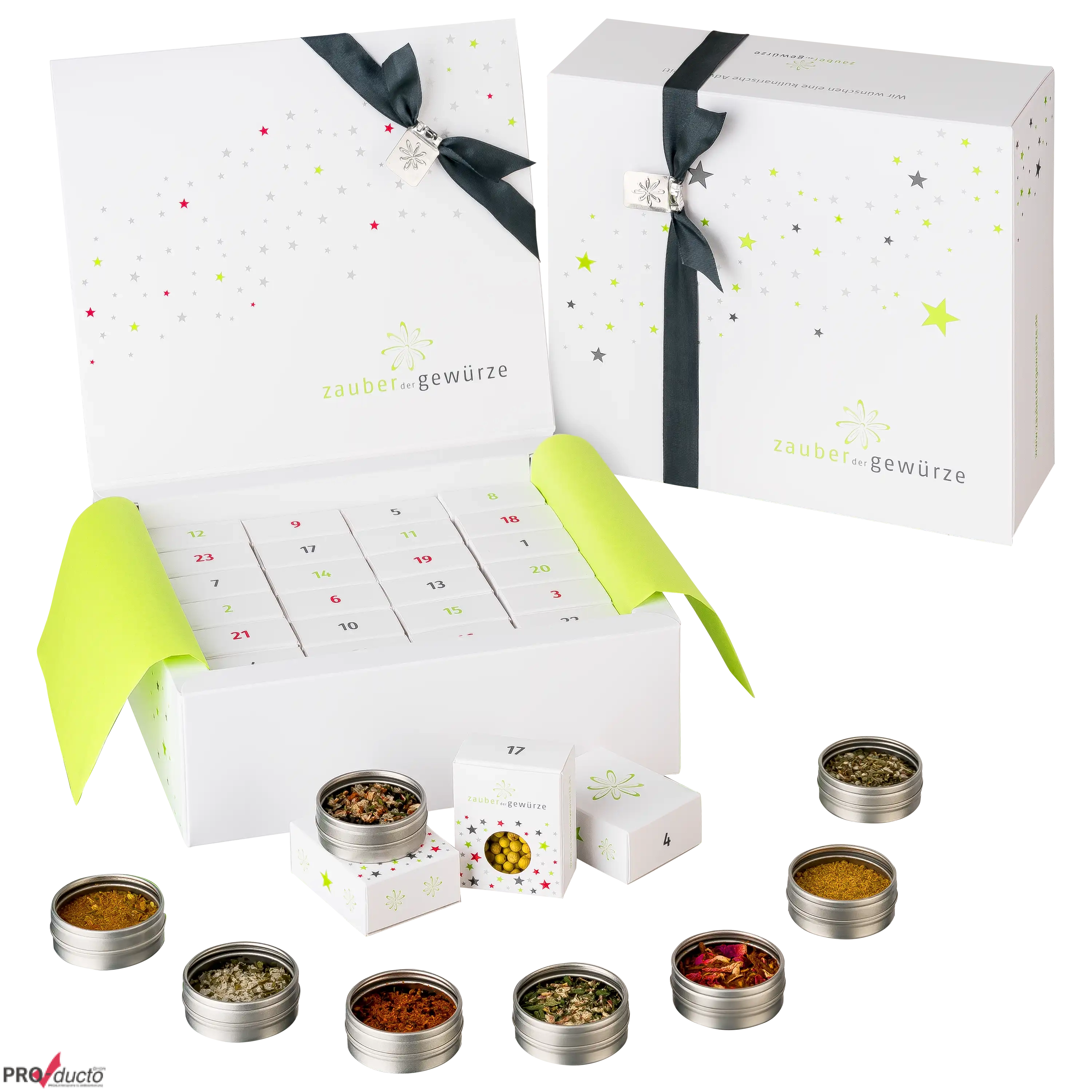 Geöffneter Adventskalender von Zauber der Gewürze mit kleinen Gewürzdosen für professionelle Produktfotos.