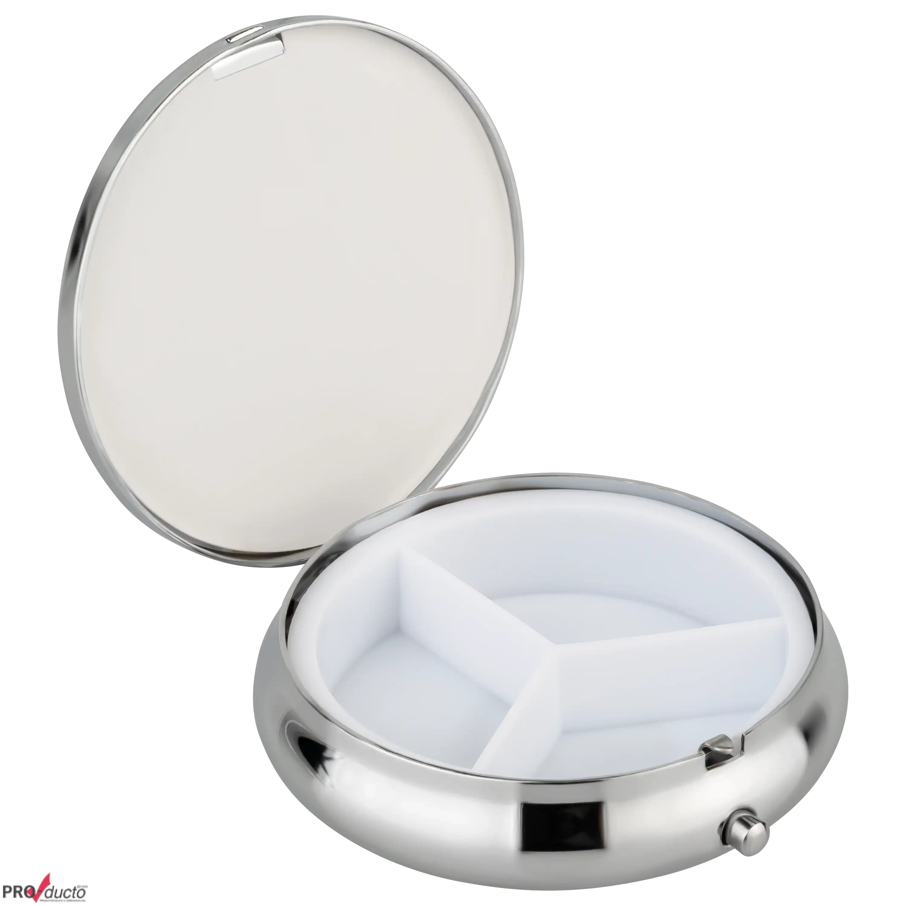 Runde, silberne Tablettendose mit drei Fächern aus dem Fotostudio für professionelle Produktfotos.