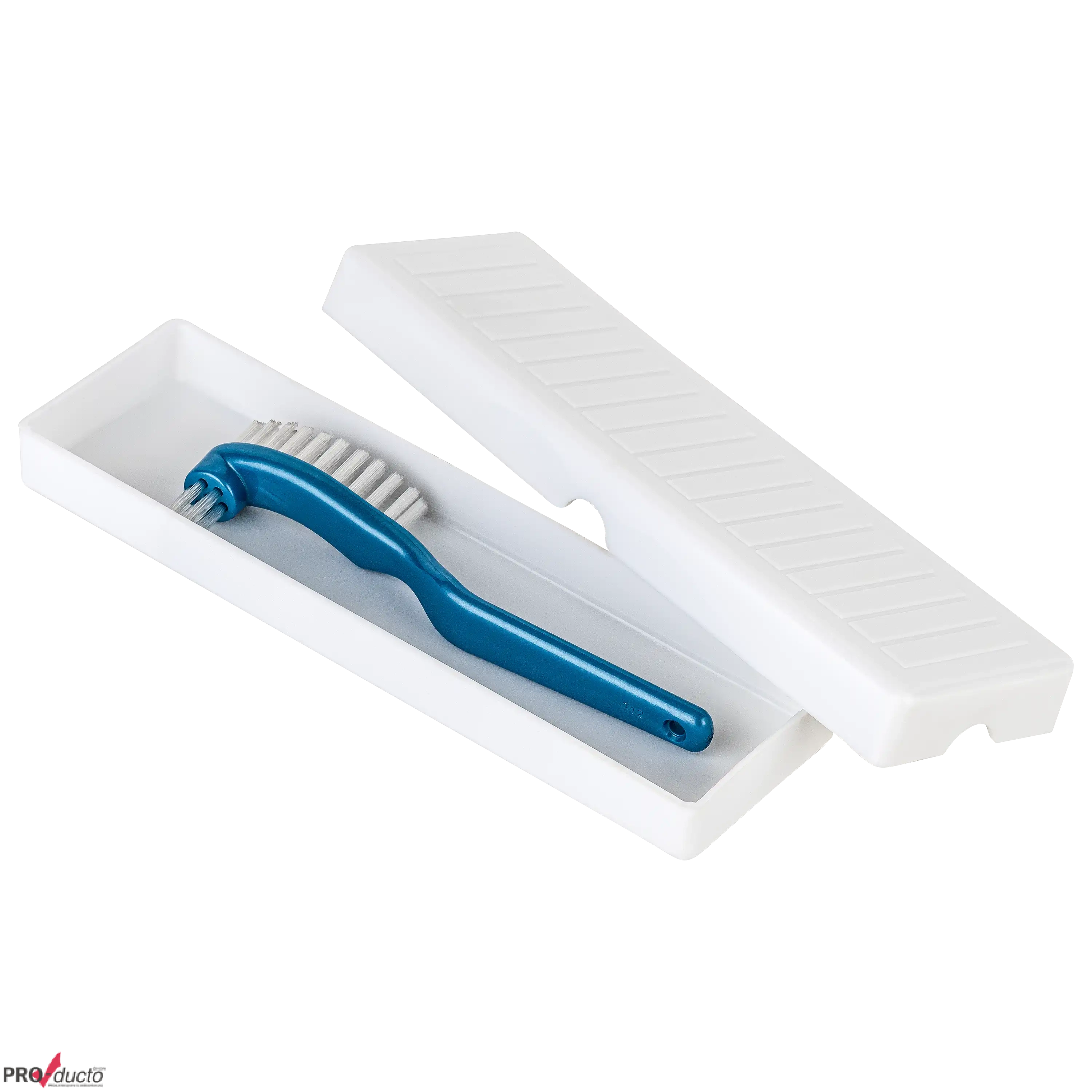Eine blaue Prothesenbürste liegt in einer weißen Kunststoffbox, professionelle Produktfotos aus dem Fotostudio.
