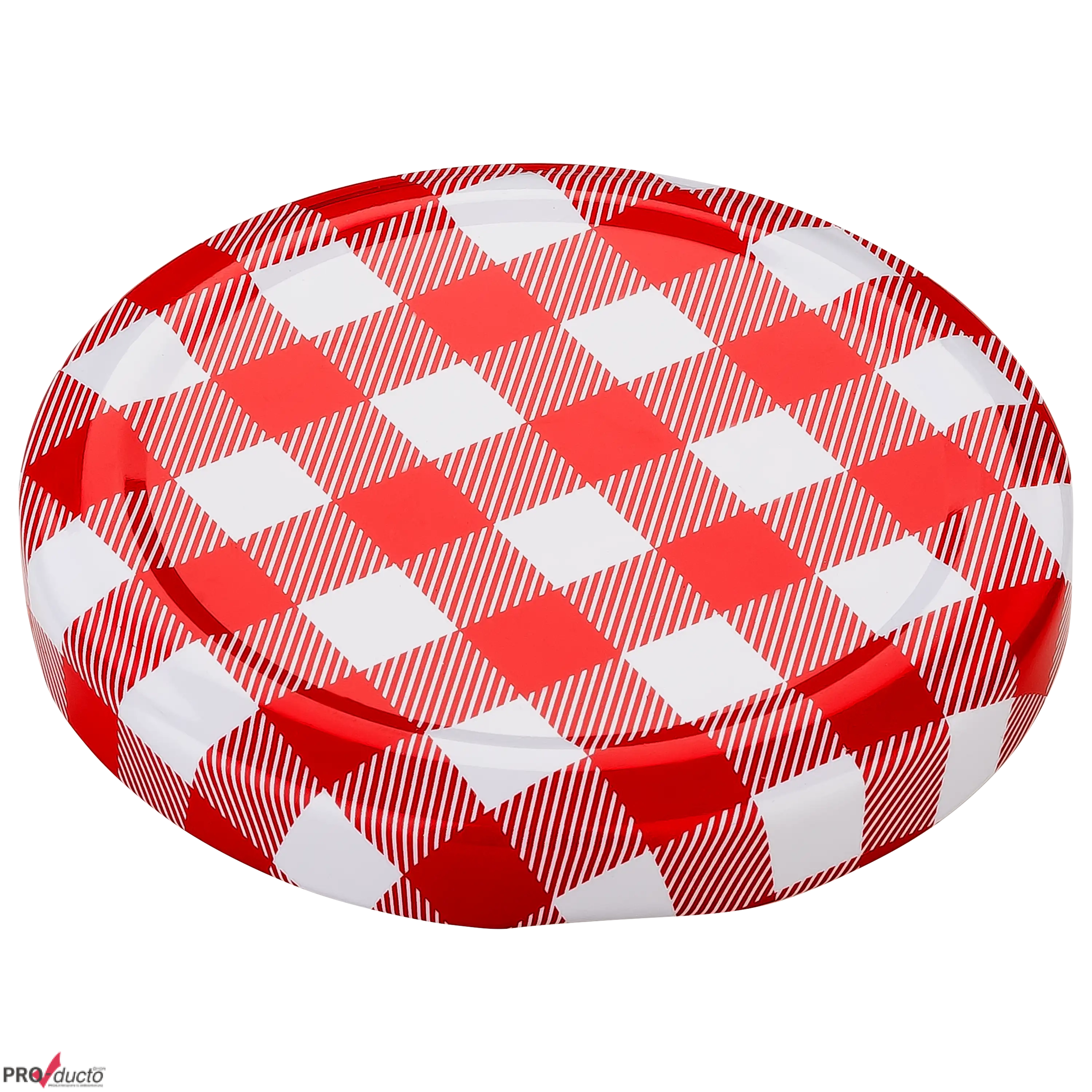 Runder Metalldeckel mit rot-weißem Karomuster für Gläser, professionelle Produktfotos von der PRO-ducto GmbH.