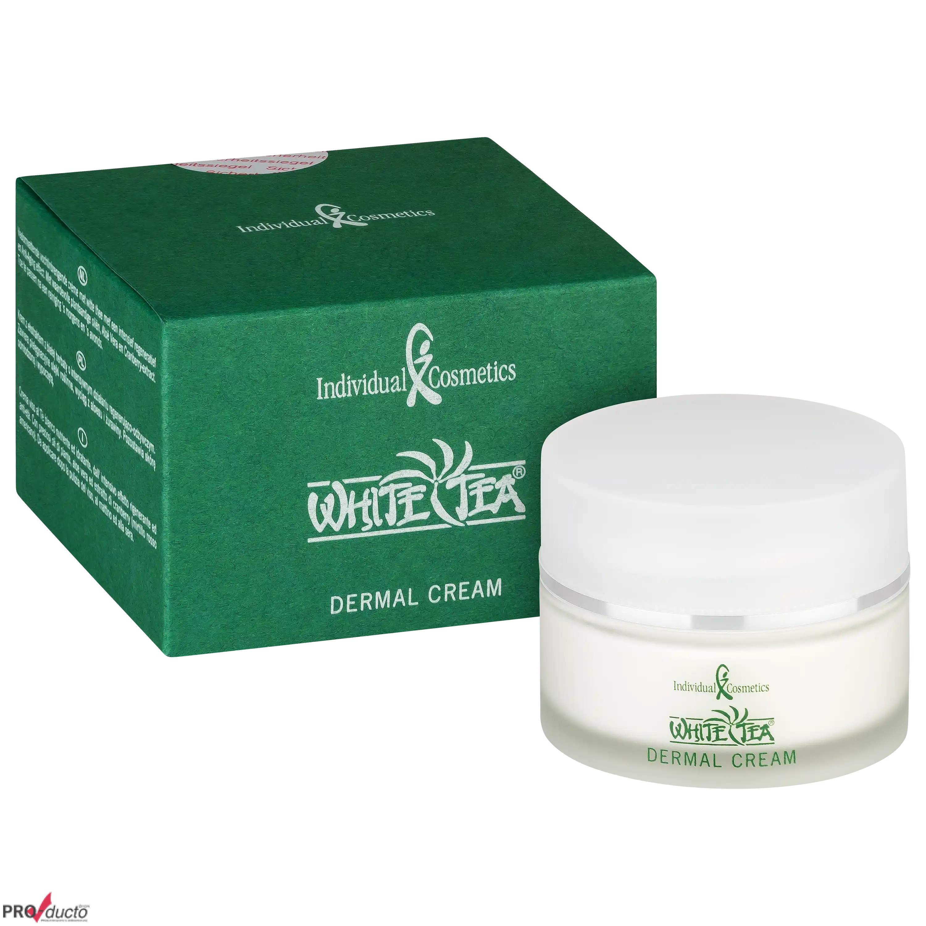 Professionelle Produktfotos von Individual Cosmetics White Tea Dermal Cream mit Tiegel und grüner Umverpackung.