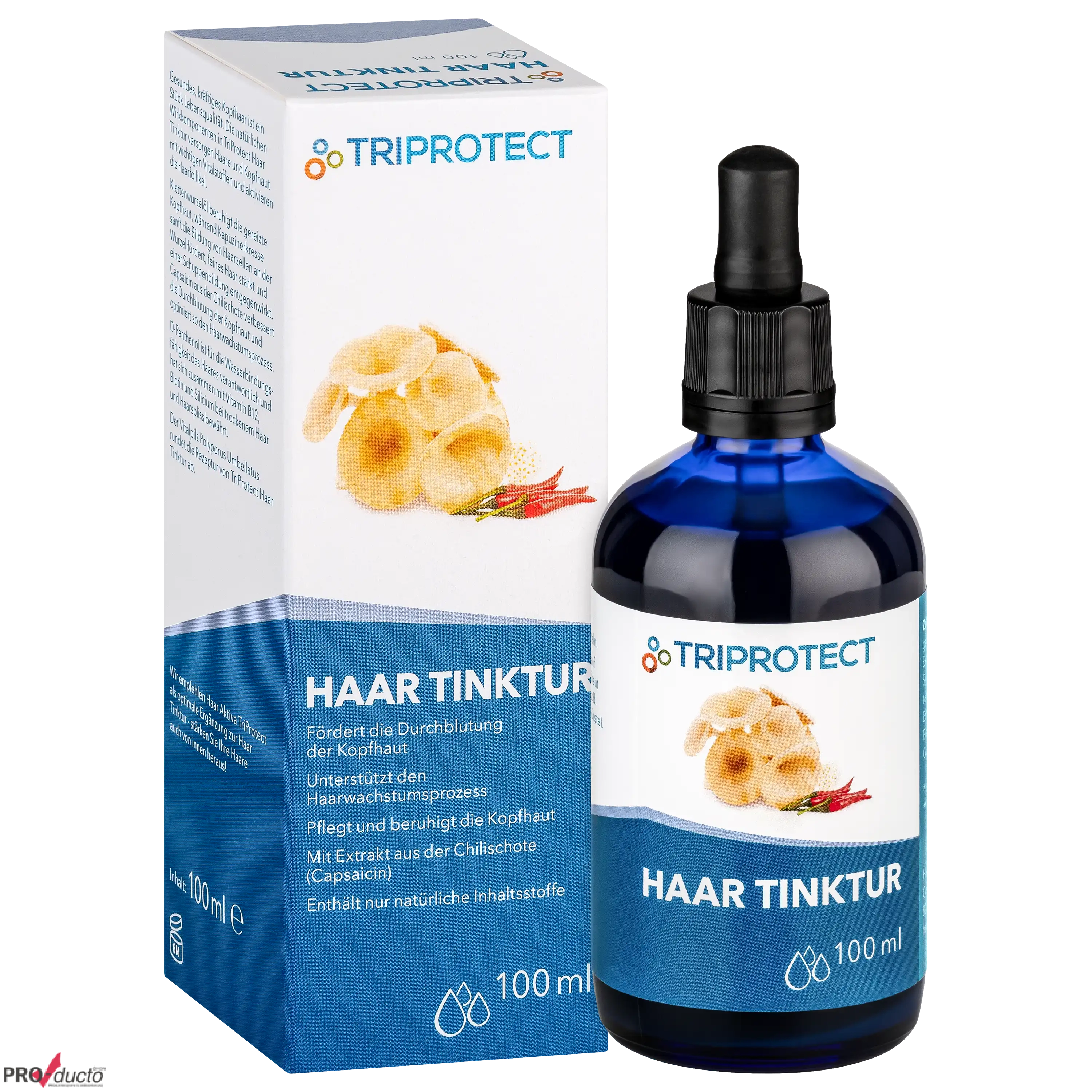 Blaue Glasflasche mit Pipette und Umverpackung der Haartinktur von TRIPROTECT für professionelle Produktfotos.