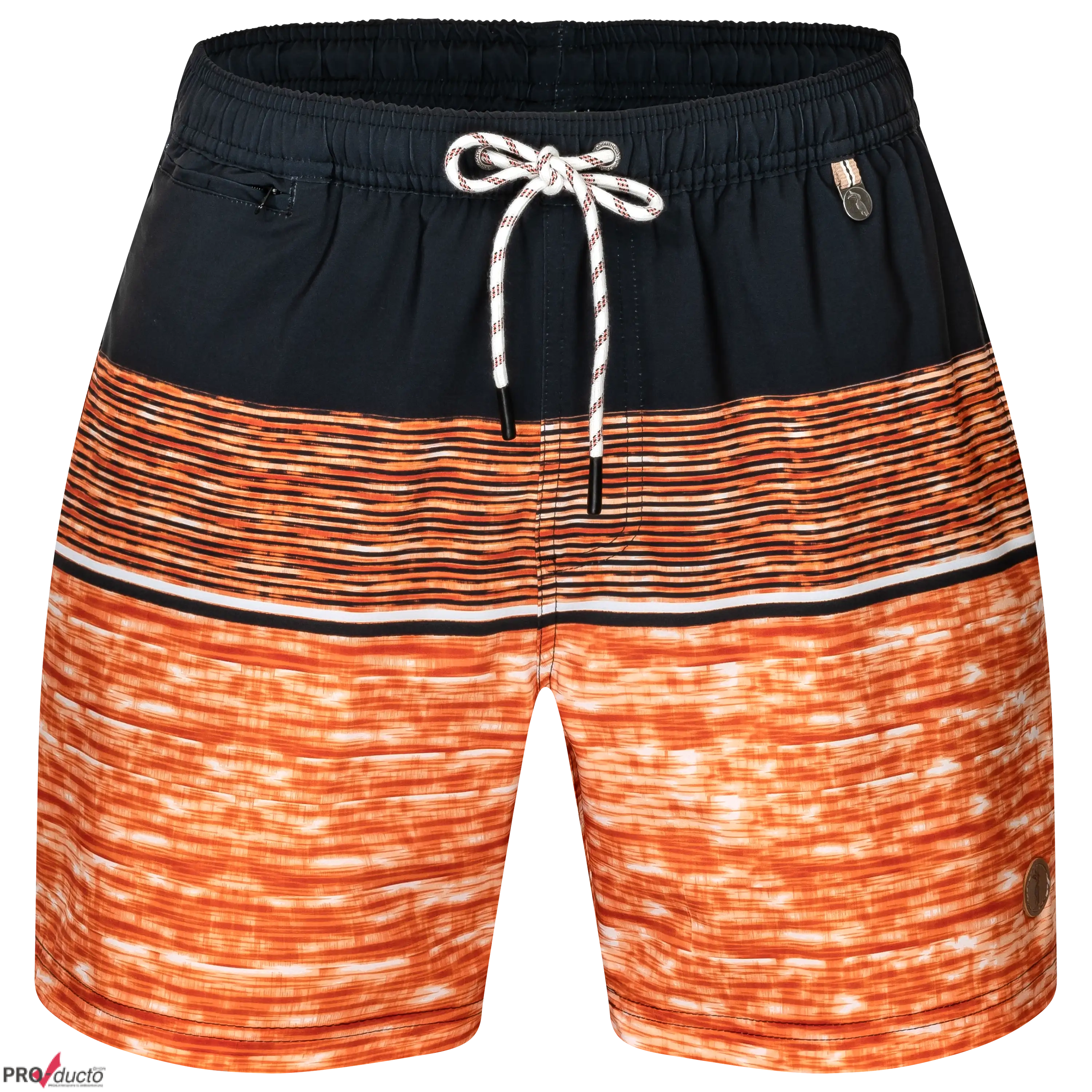 Professionelle Produktfotografie einer Badeshorts mit orange-schwarzem Streifenmuster. Bei PRO-ducto GmbH Bekleidung fotografieren lassen für Textilfotografie.