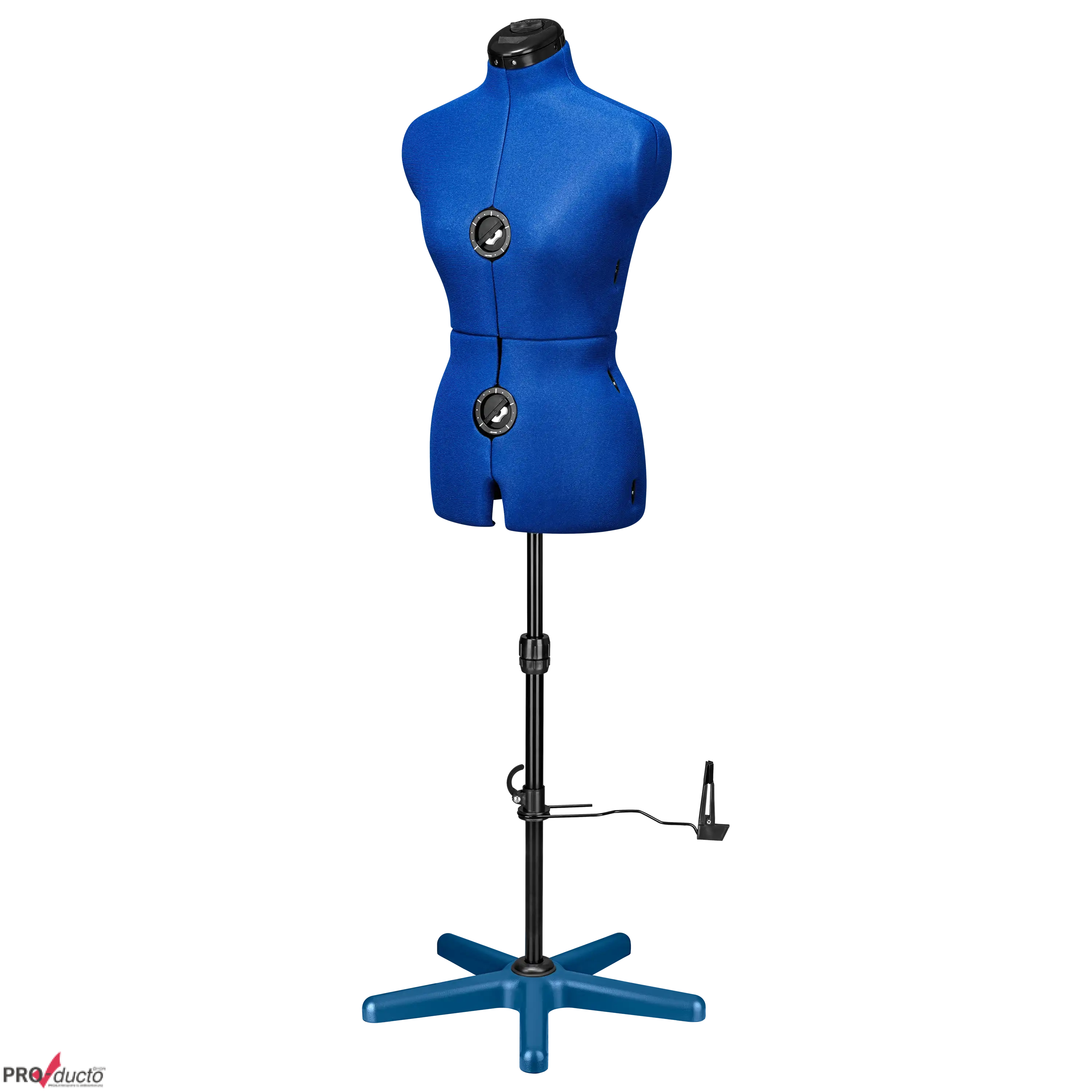 Blaue Schneiderpuppe für professionelle Produktfotografie von Kleidung im Fotostudio vor schwarzem Hintergrund.