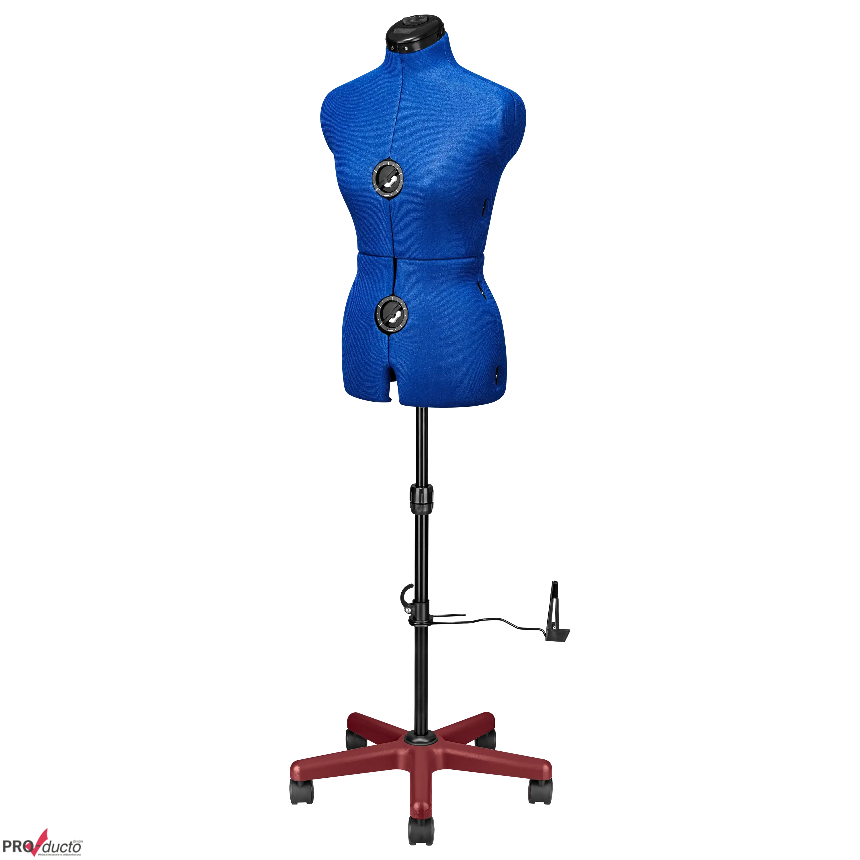 Blaue Schneiderpuppe für professionelle Produktfotografie von Kleidung im Fotostudio vor schwarzem Hintergrund.