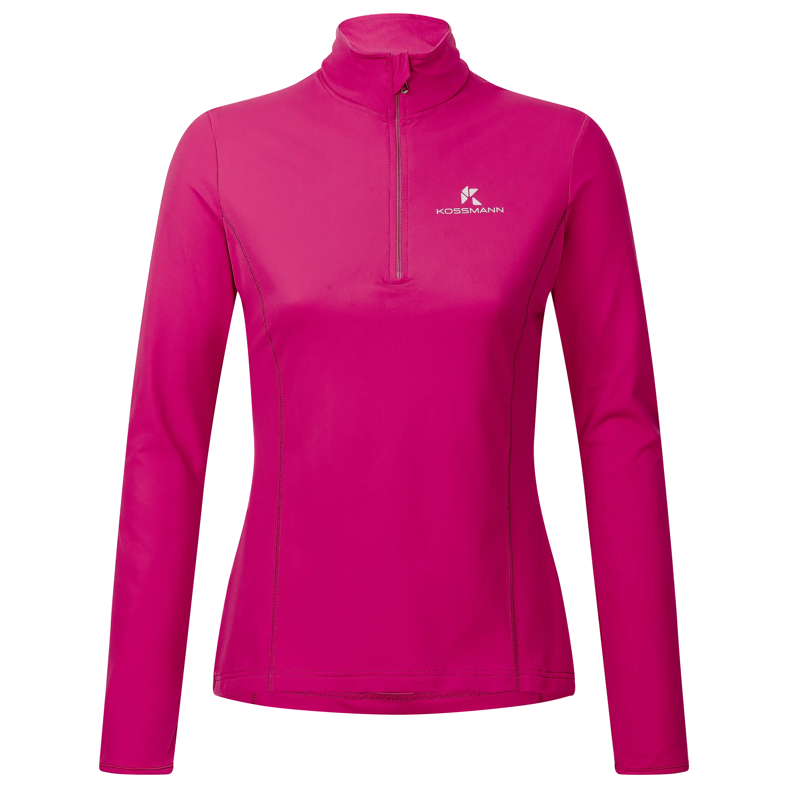 Professionelle Produktfotografie eines pinken Kossmann Sportshirts mit Reißverschluss. Ideal, um Bekleidung bei PRO-ducto GmbH fotografieren zu lassen.