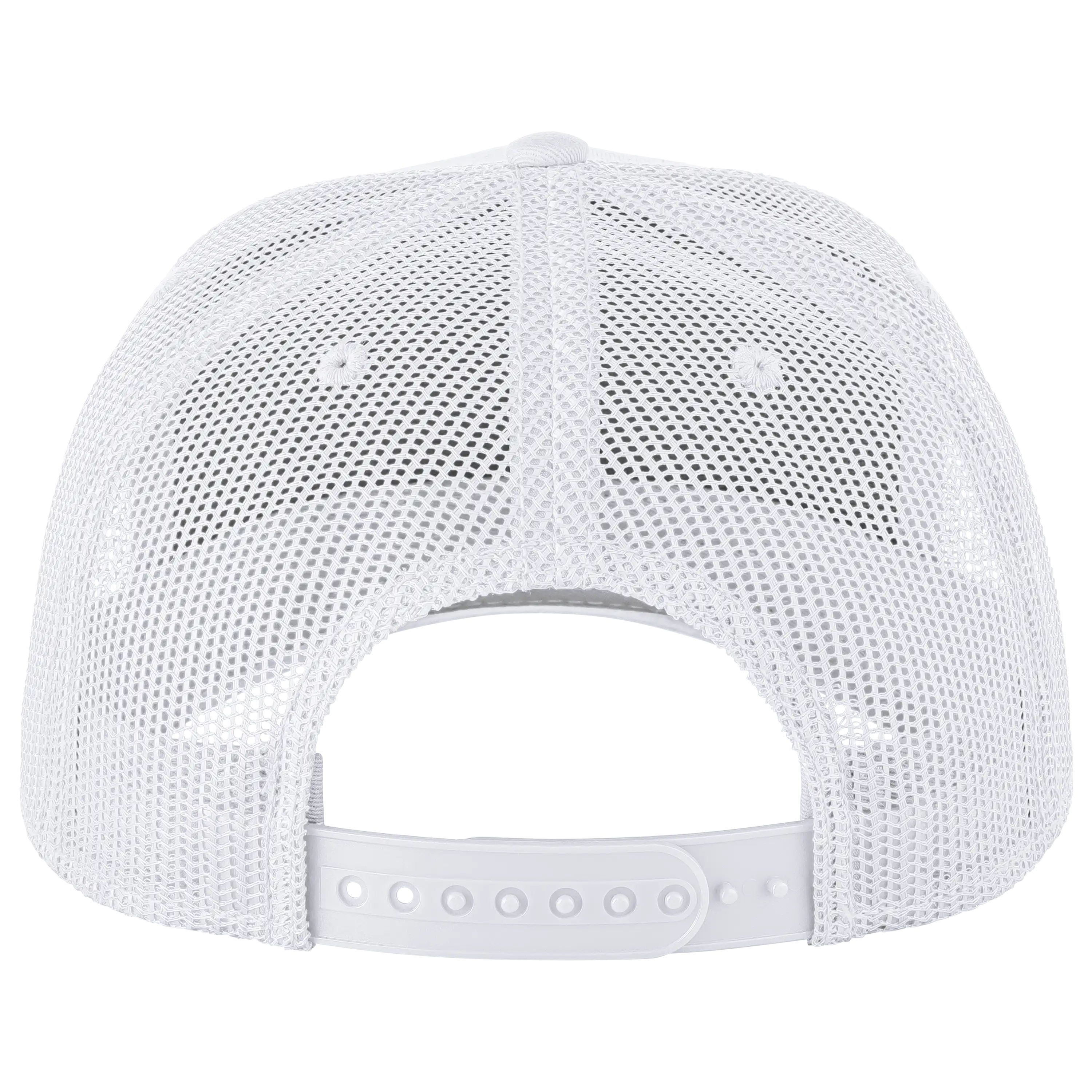 Rückansicht einer weißen Trucker-Cap für professionelle Produktfotografie von PRO-ducto GmbH. Lassen Sie Ihre Bekleidung und Textilien bei uns fotografieren.