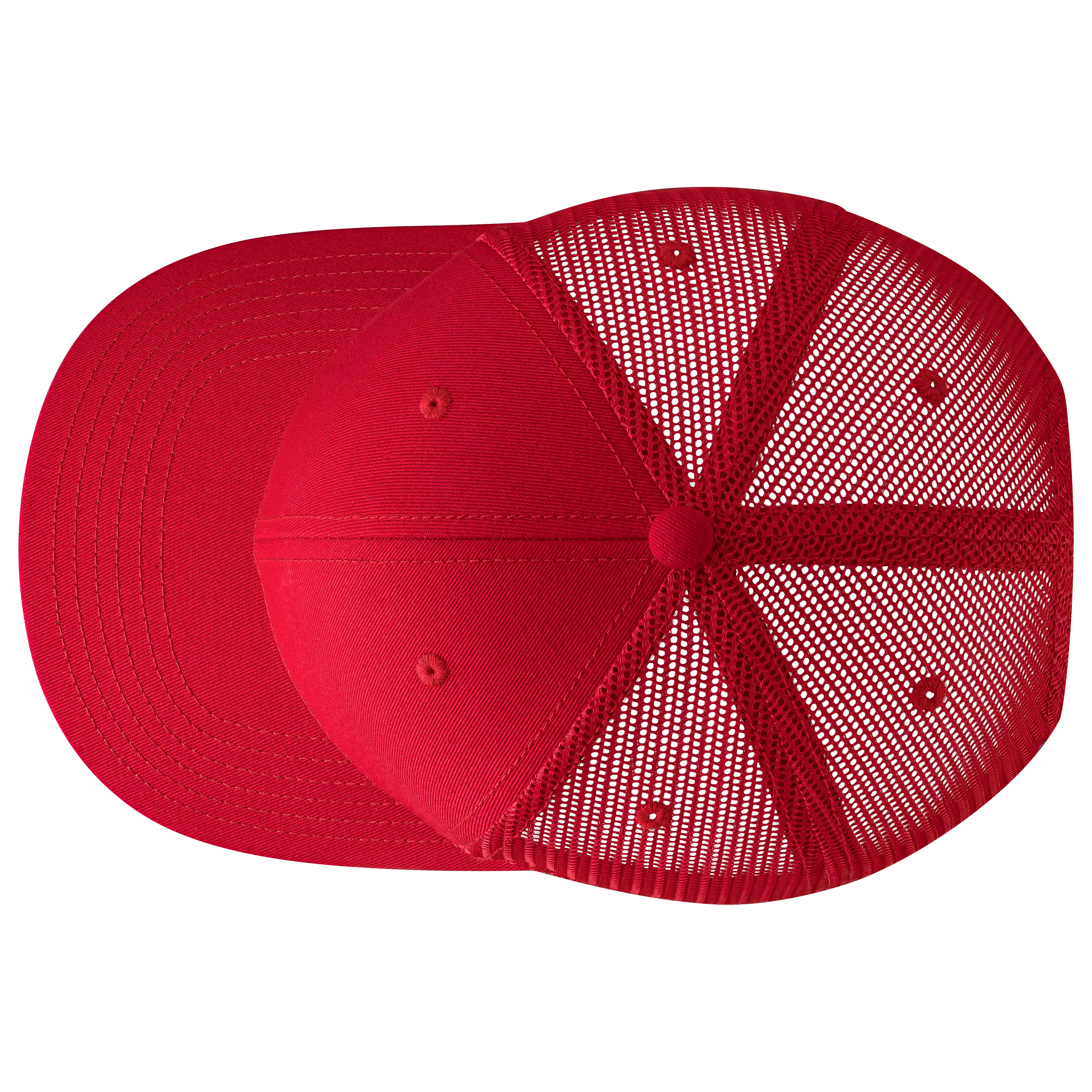 Draufsicht einer roten Trucker-Cap für professionelle Produktfotografie von PRO-ducto GmbH. Ideal, um Bekleidung fotografieren zu lassen und Textilfotografie.