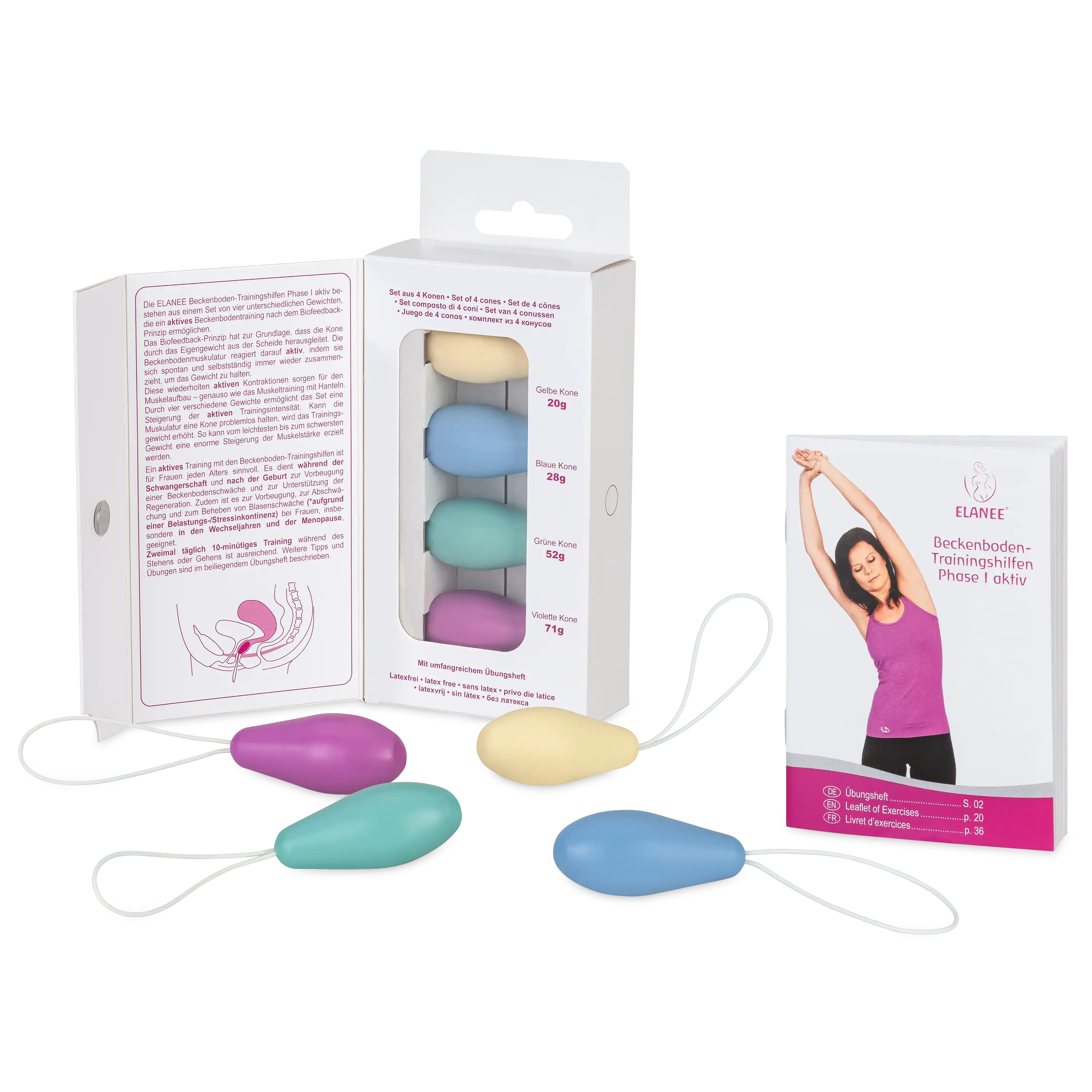 ELANEE Beckenboden-Trainingshilfen Set mit vier farbigen Konen, Verpackung und Übungsheft für professionelle Produktfotos.