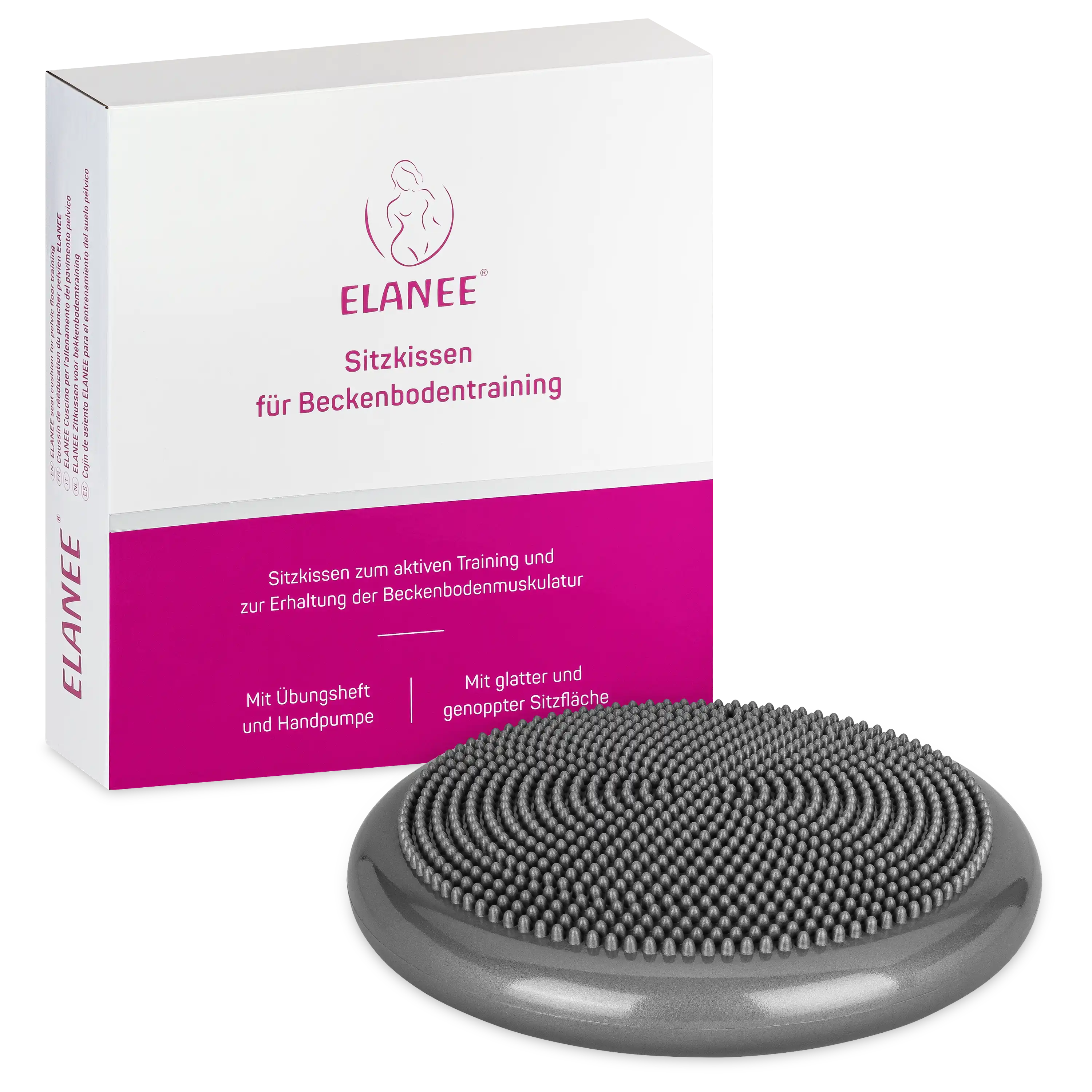 ELANEE Sitzkissen für Beckenbodentraining vor der Produktverpackung, professionelle Produktfotografie von PRO-ducto.