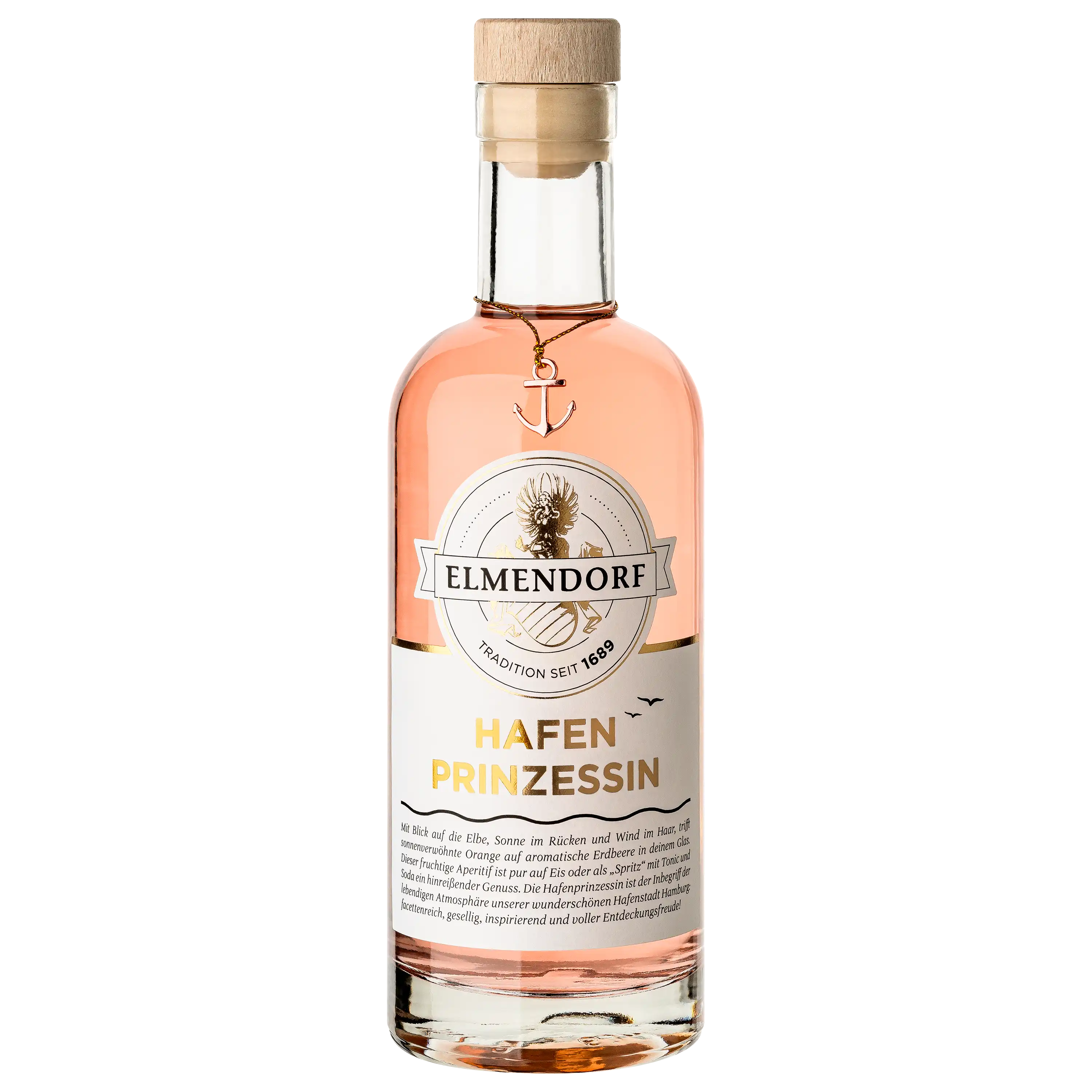 Professionelle Produktfotos von Elmendorf Hafenprinzessin Aperitif in einer Glasflasche mit Anker-Anhänger.