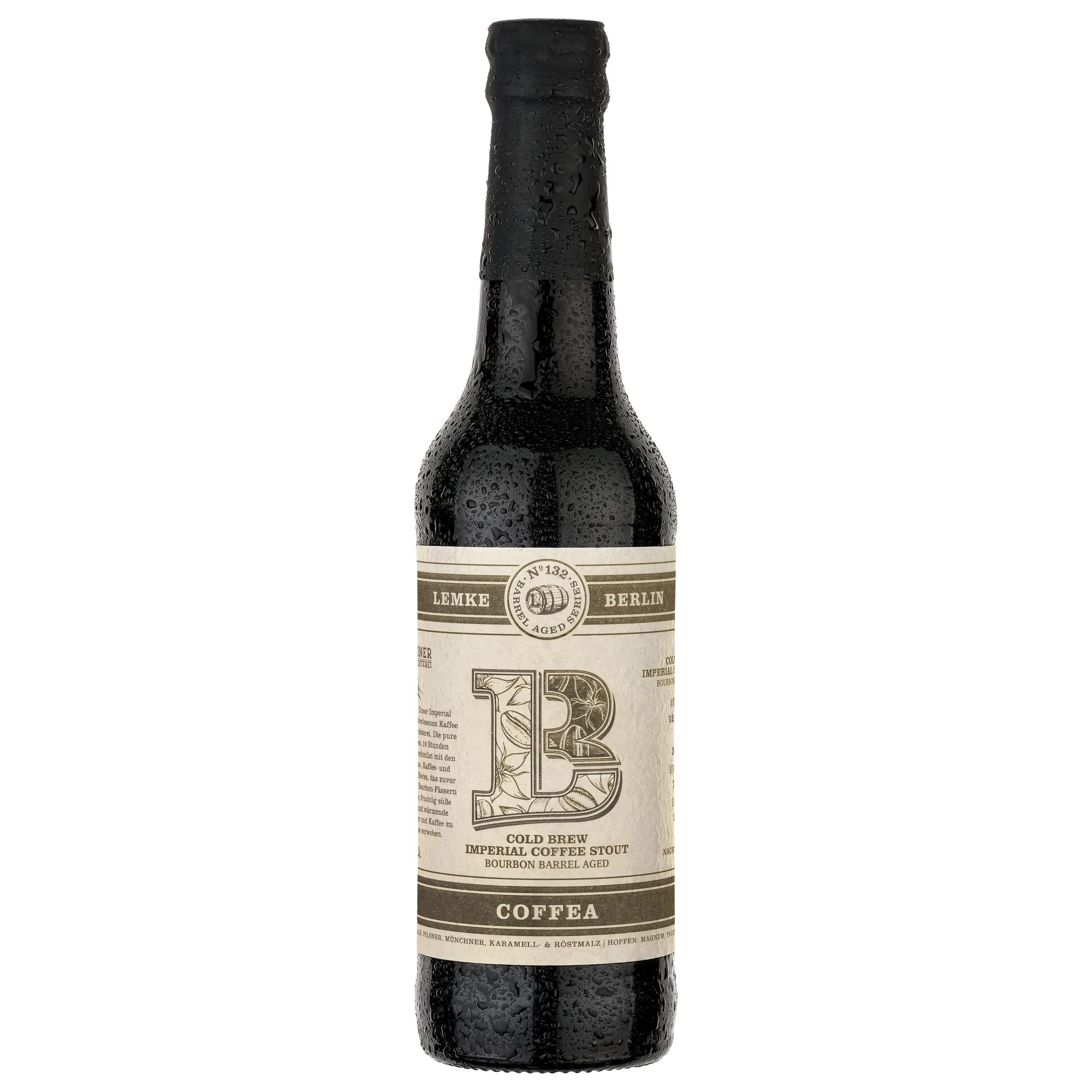 Eine beschlagene Flasche Lemke Berlin Coffea Imperial Coffee Stout vor schwarzem Hintergrund, professionell abgelichtet.