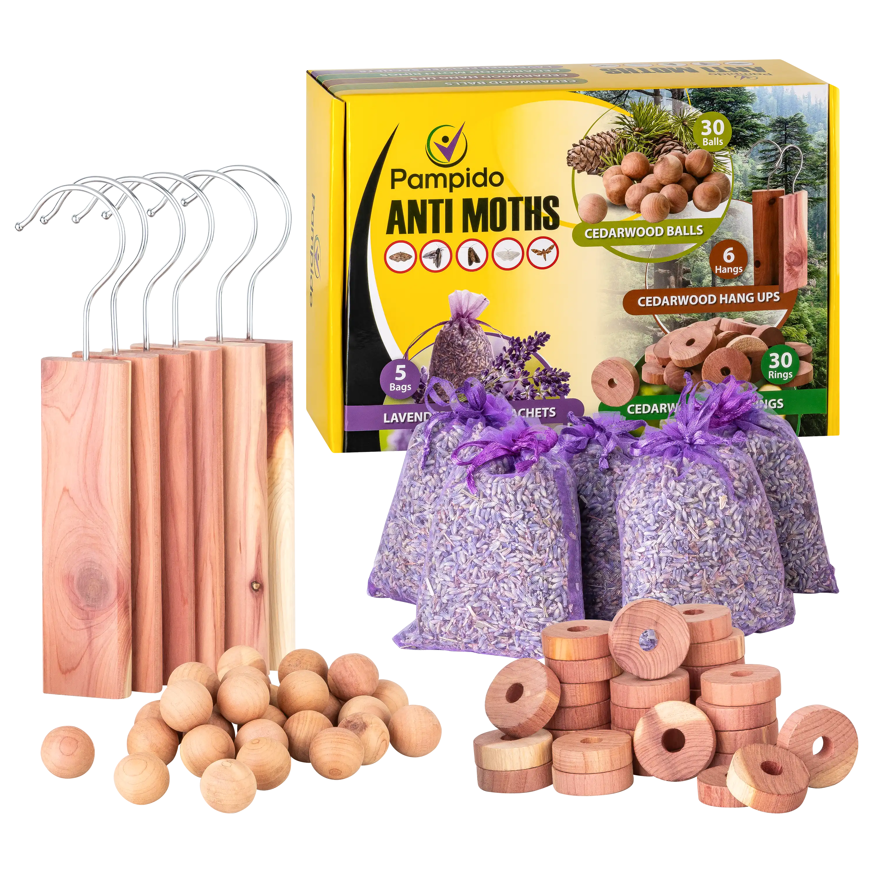 Pampido Anti-Motten-Set mit Zedernholz-Anhängern, Kugeln, Ringen und Lavendelsäckchen für professionelle Produktfotos.